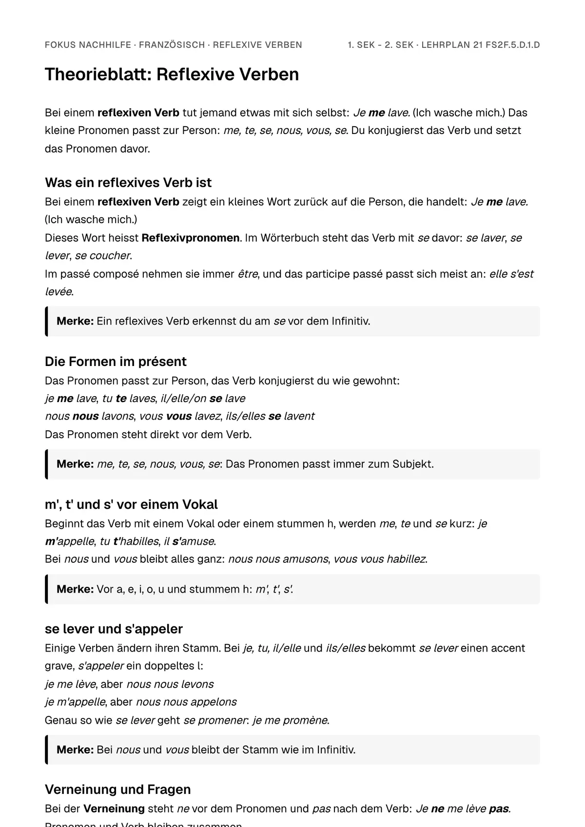 Theorieblatt Reflexive Verben zum Ausdrucken: erste Seite der Erklärung