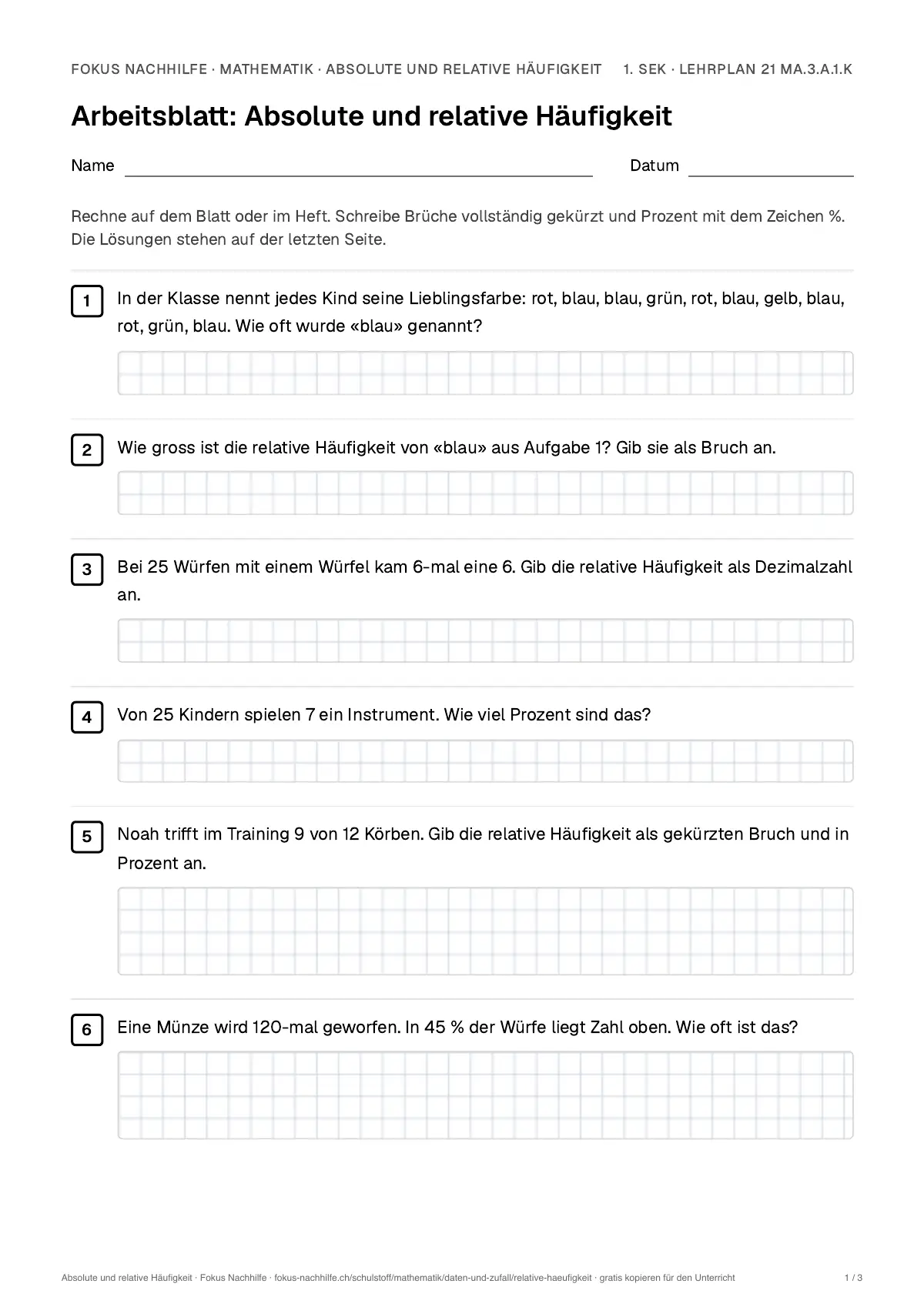 Arbeitsblatt Absolute und relative Häufigkeit zum Ausfüllen mit Name und Datum: erste Seite, mit Lösungsblatt