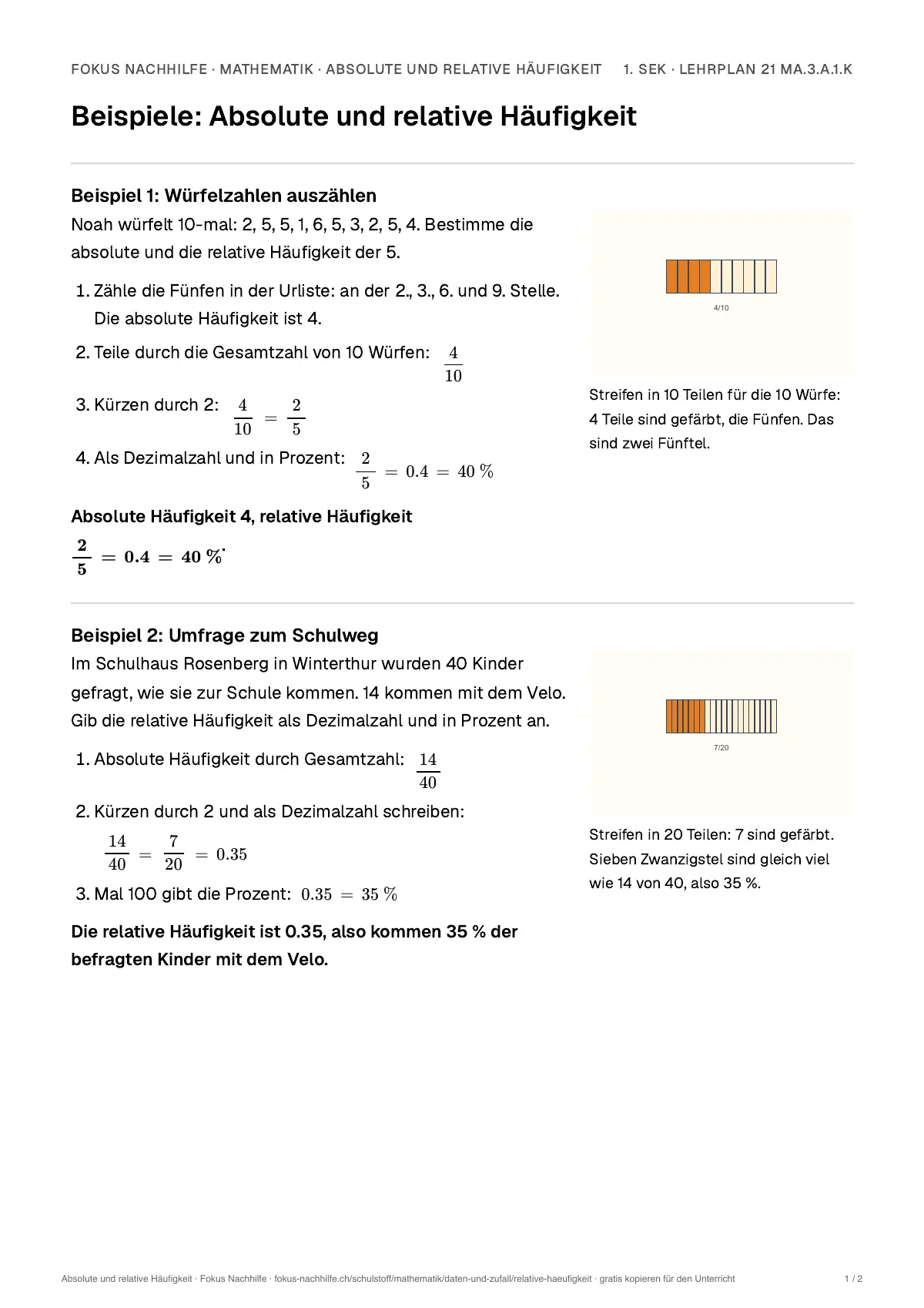 Beispiele Absolute und relative Häufigkeit zum Ausdrucken: erste Seite, Aufgaben Schritt für Schritt gelöst