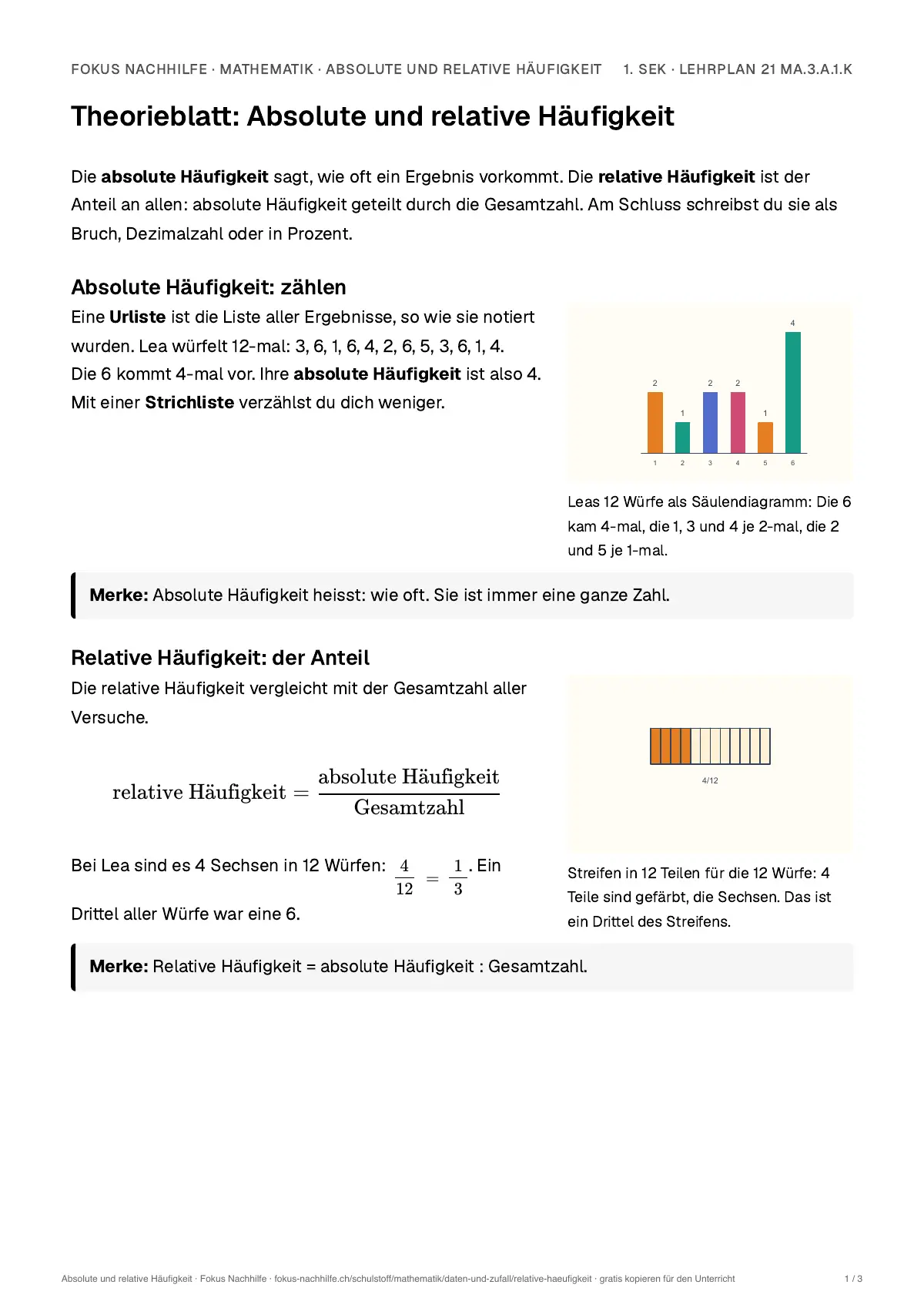 Theorieblatt Absolute und relative Häufigkeit zum Ausdrucken: erste Seite der Erklärung