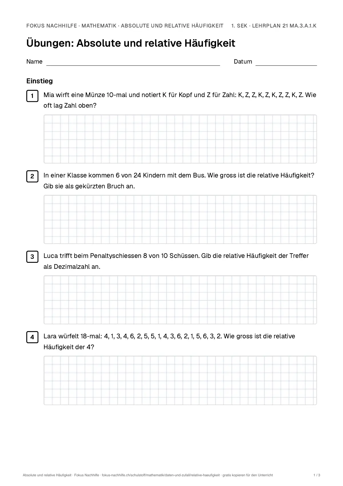 Übungsblatt Absolute und relative Häufigkeit zum Ausdrucken: erste Seite der Übungen, Lösungen auf eigenem Blatt