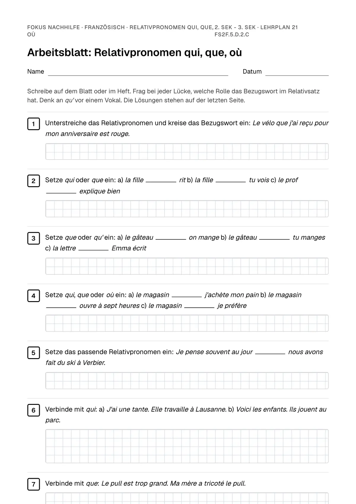 Arbeitsblatt Relativpronomen qui, que, où zum Ausfüllen mit Name und Datum: erste Seite, mit Lösungsblatt