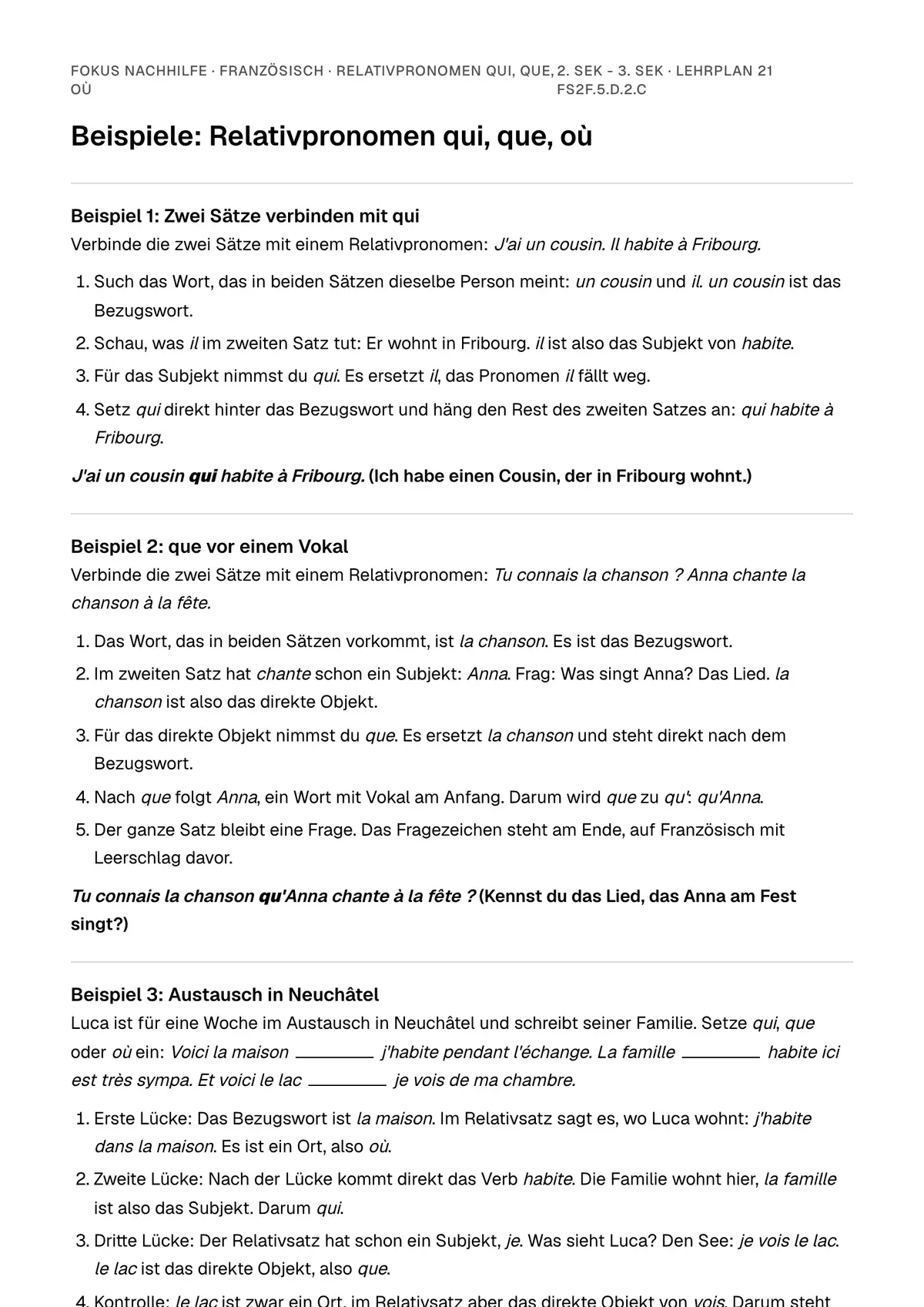 Beispiele Relativpronomen qui, que, où zum Ausdrucken: erste Seite, Aufgaben Schritt für Schritt gelöst