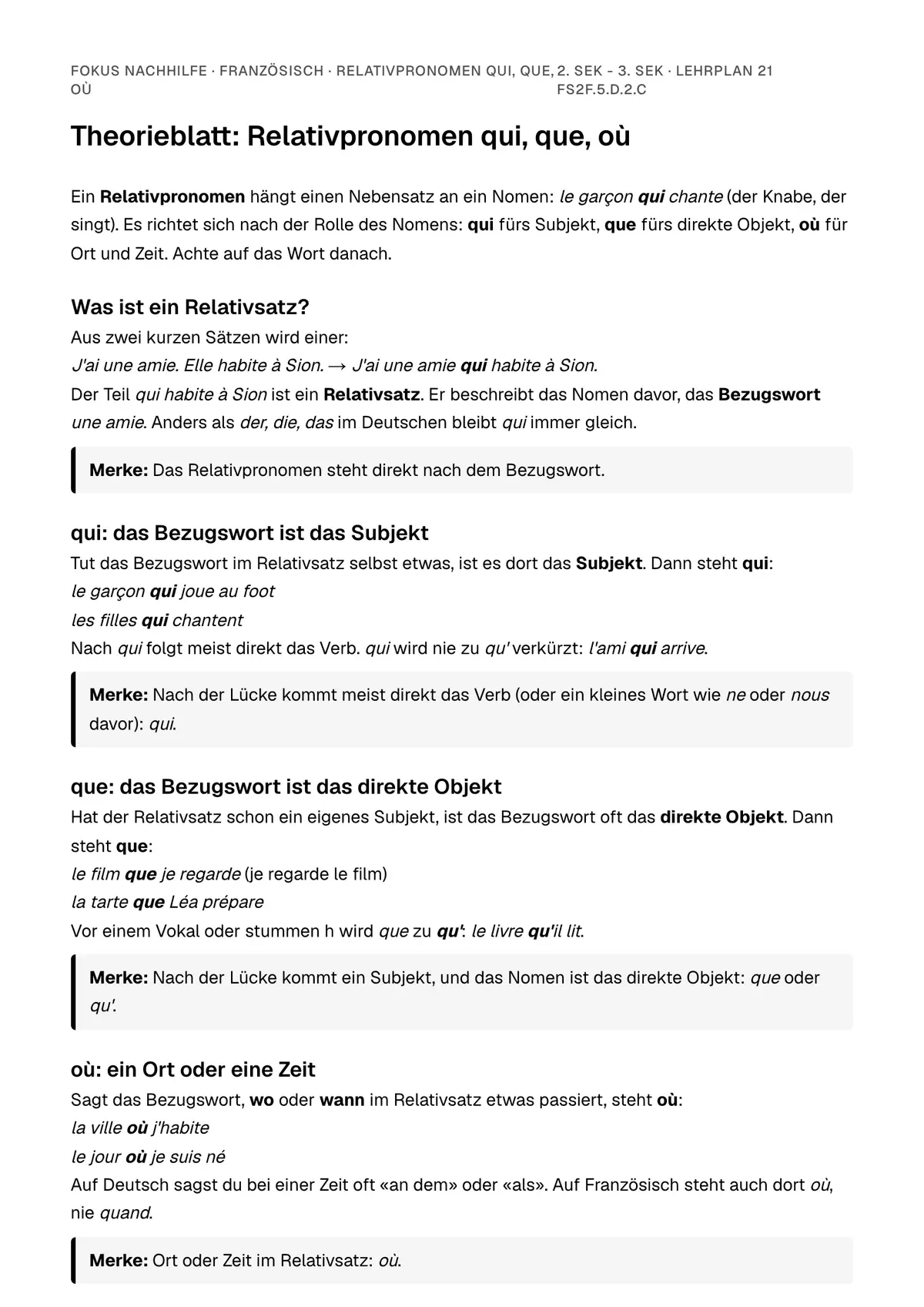 Theorieblatt Relativpronomen qui, que, où zum Ausdrucken: erste Seite der Erklärung
