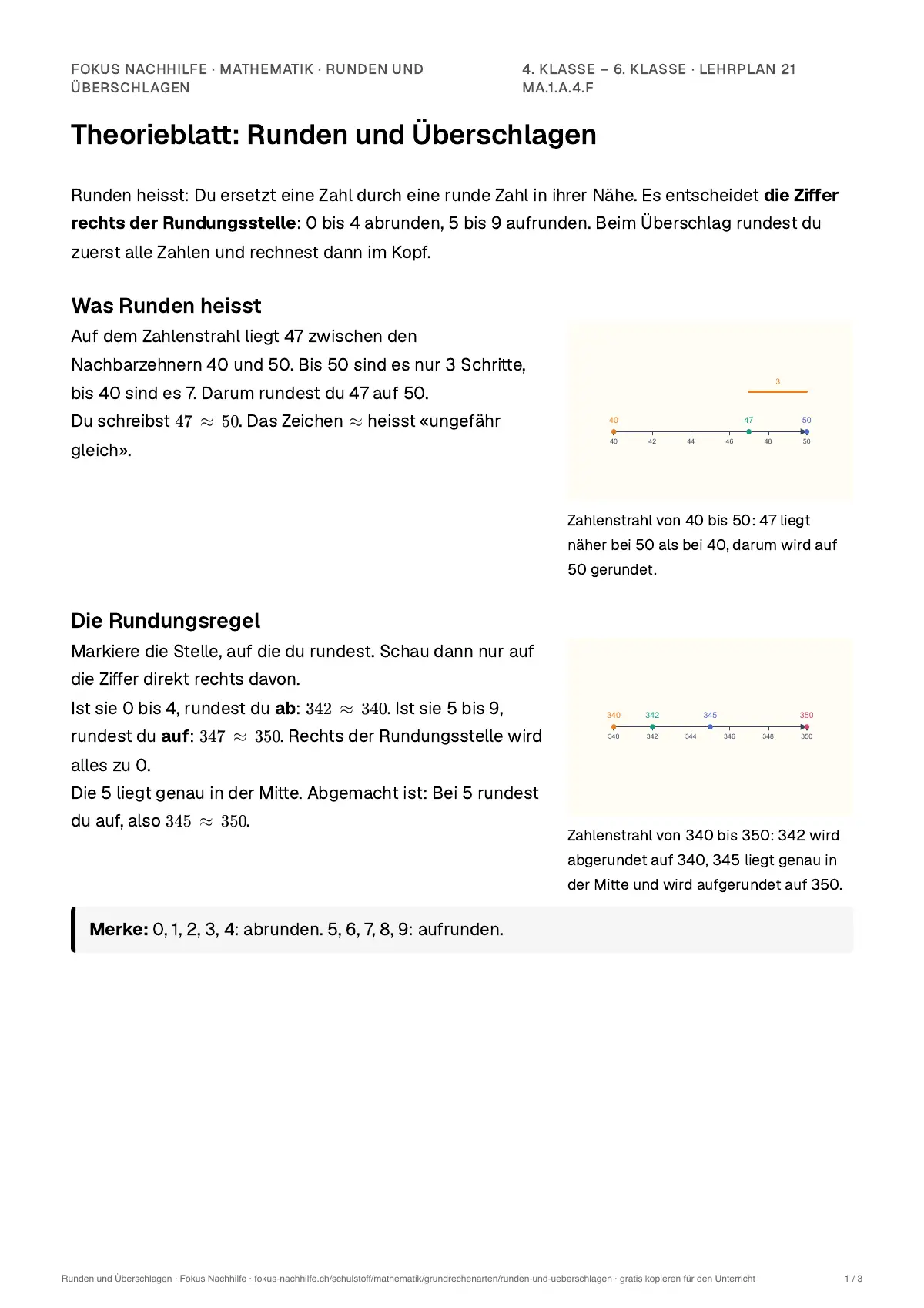 Theorieblatt Runden und Überschlagen zum Ausdrucken: erste Seite der Erklärung
