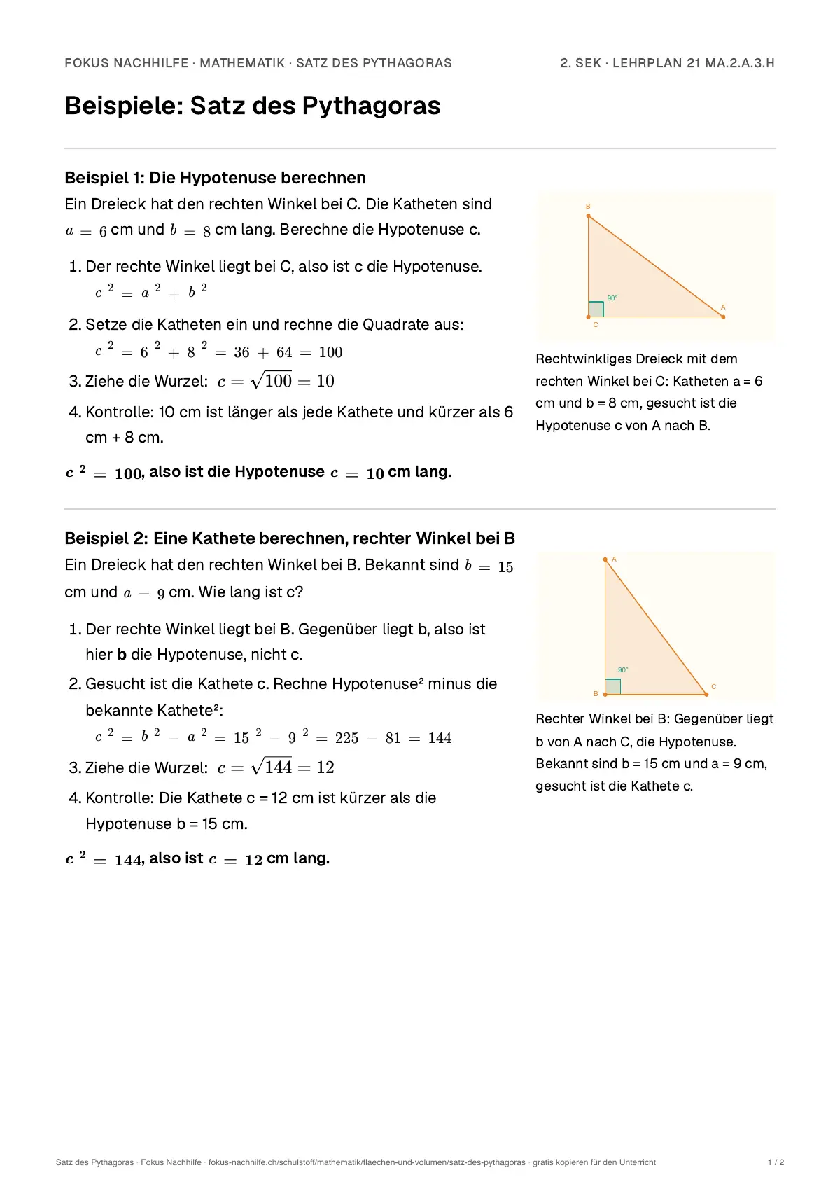 Beispiele Satz des Pythagoras zum Ausdrucken: erste Seite, Aufgaben Schritt für Schritt gelöst