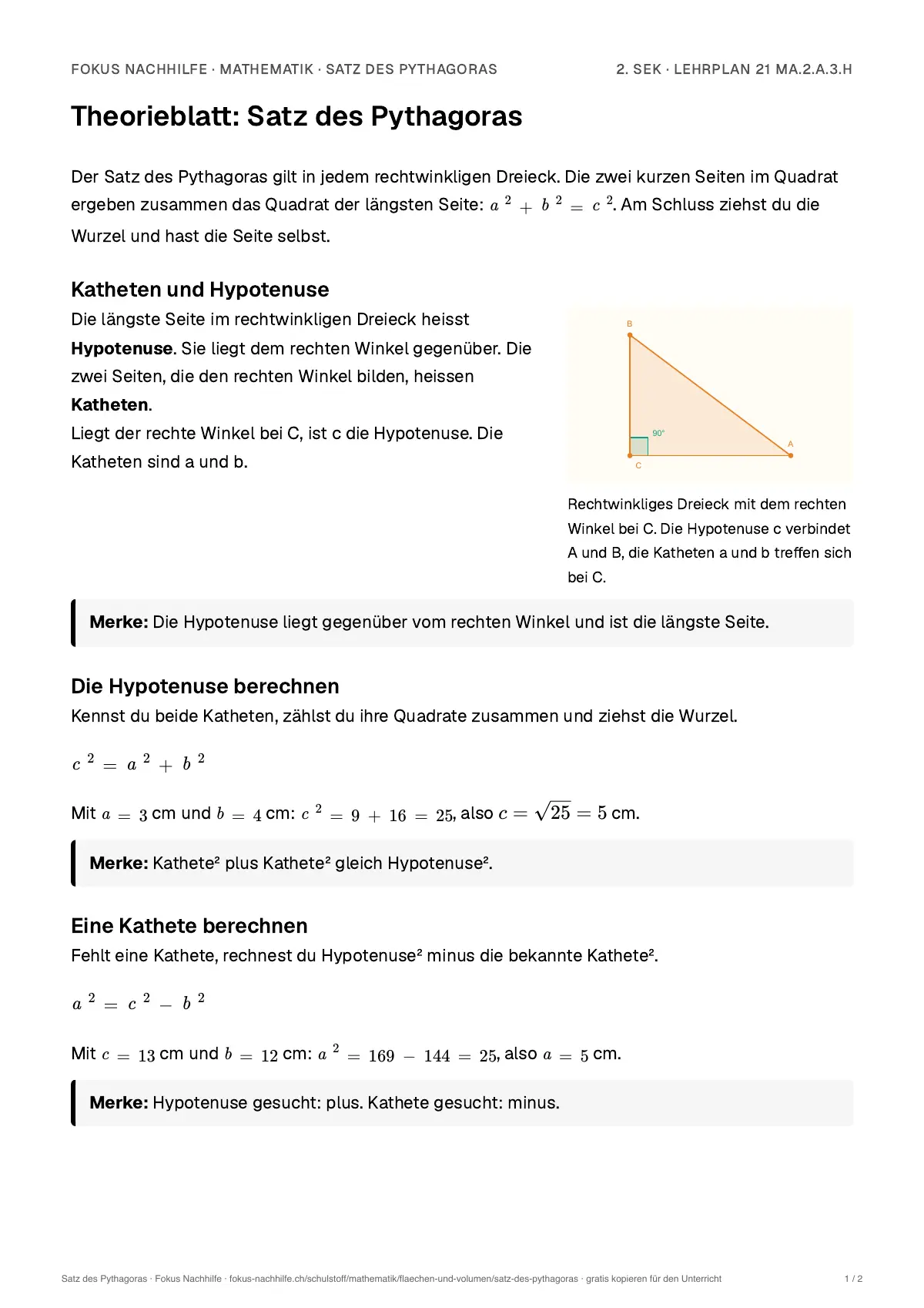 Theorieblatt Satz des Pythagoras zum Ausdrucken: erste Seite der Erklärung