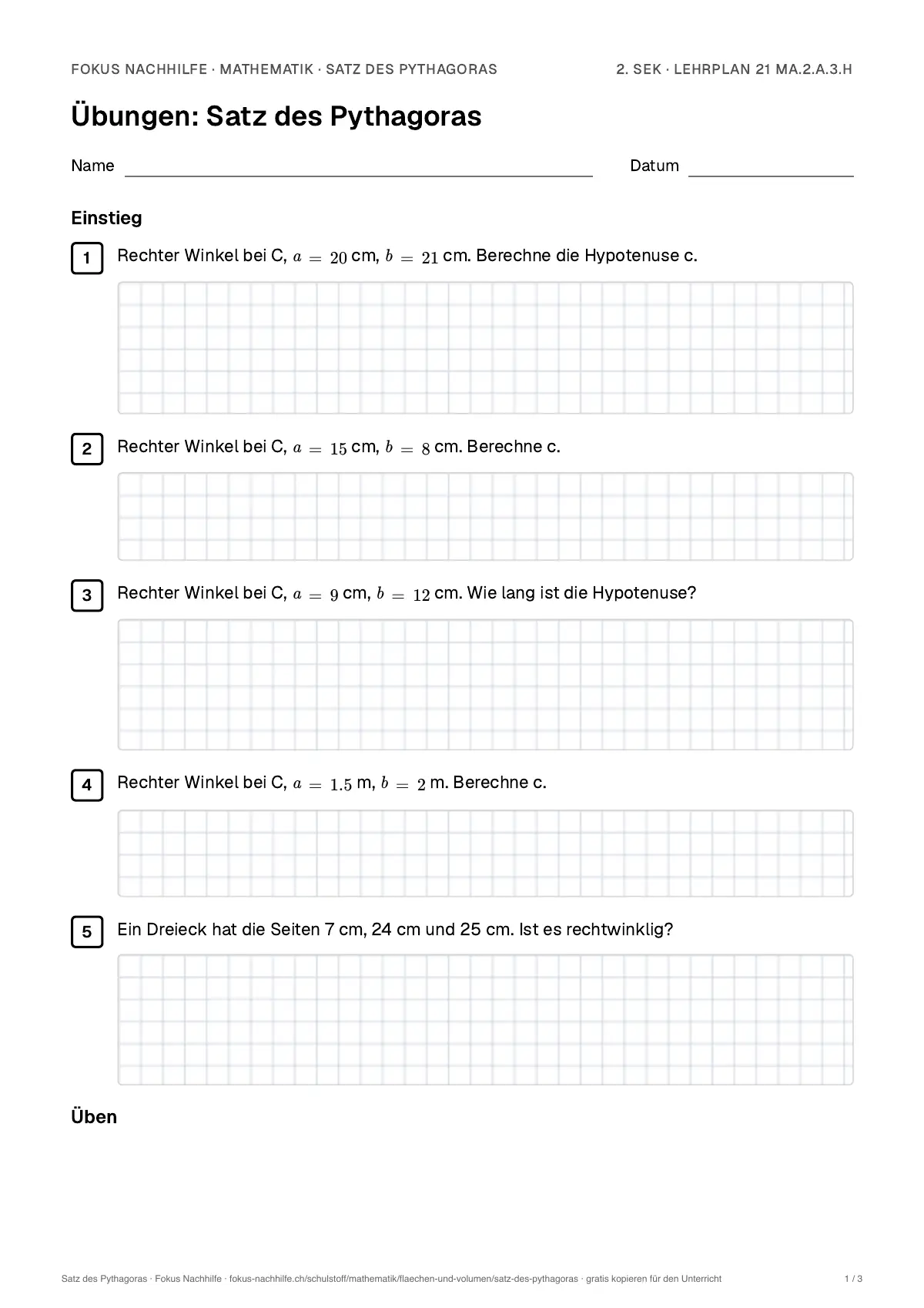 Übungsblatt Satz des Pythagoras zum Ausdrucken: erste Seite der Übungen, Lösungen auf eigenem Blatt