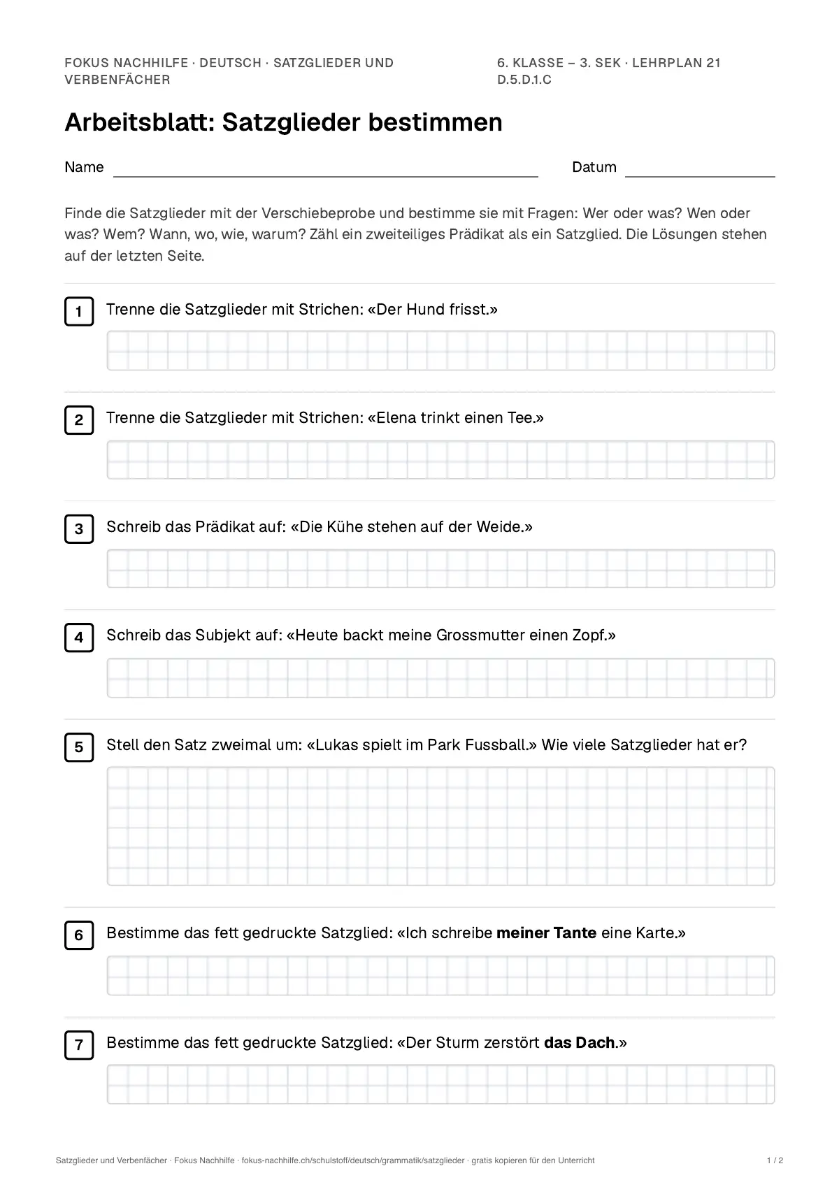 Arbeitsblatt Satzglieder und Verbenfächer zum Ausfüllen mit Name und Datum: erste Seite, mit Lösungsblatt