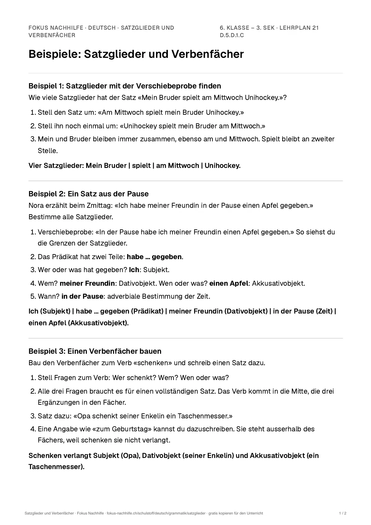Beispiele Satzglieder und Verbenfächer zum Ausdrucken: erste Seite, Aufgaben Schritt für Schritt gelöst