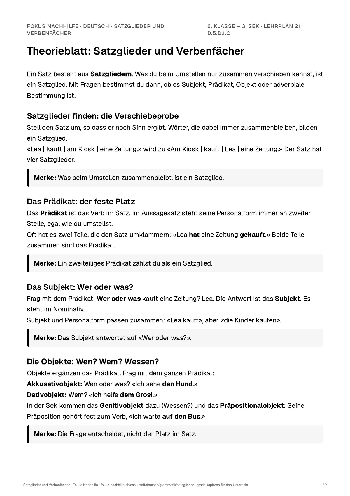 Theorieblatt Satzglieder und Verbenfächer zum Ausdrucken: erste Seite der Erklärung