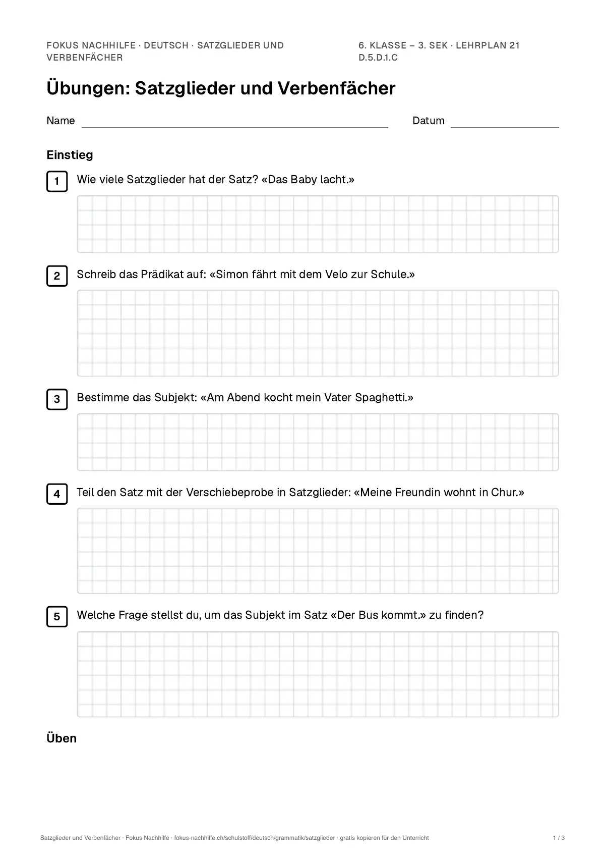 Übungsblatt Satzglieder und Verbenfächer zum Ausdrucken: erste Seite der Übungen, Lösungen auf eigenem Blatt