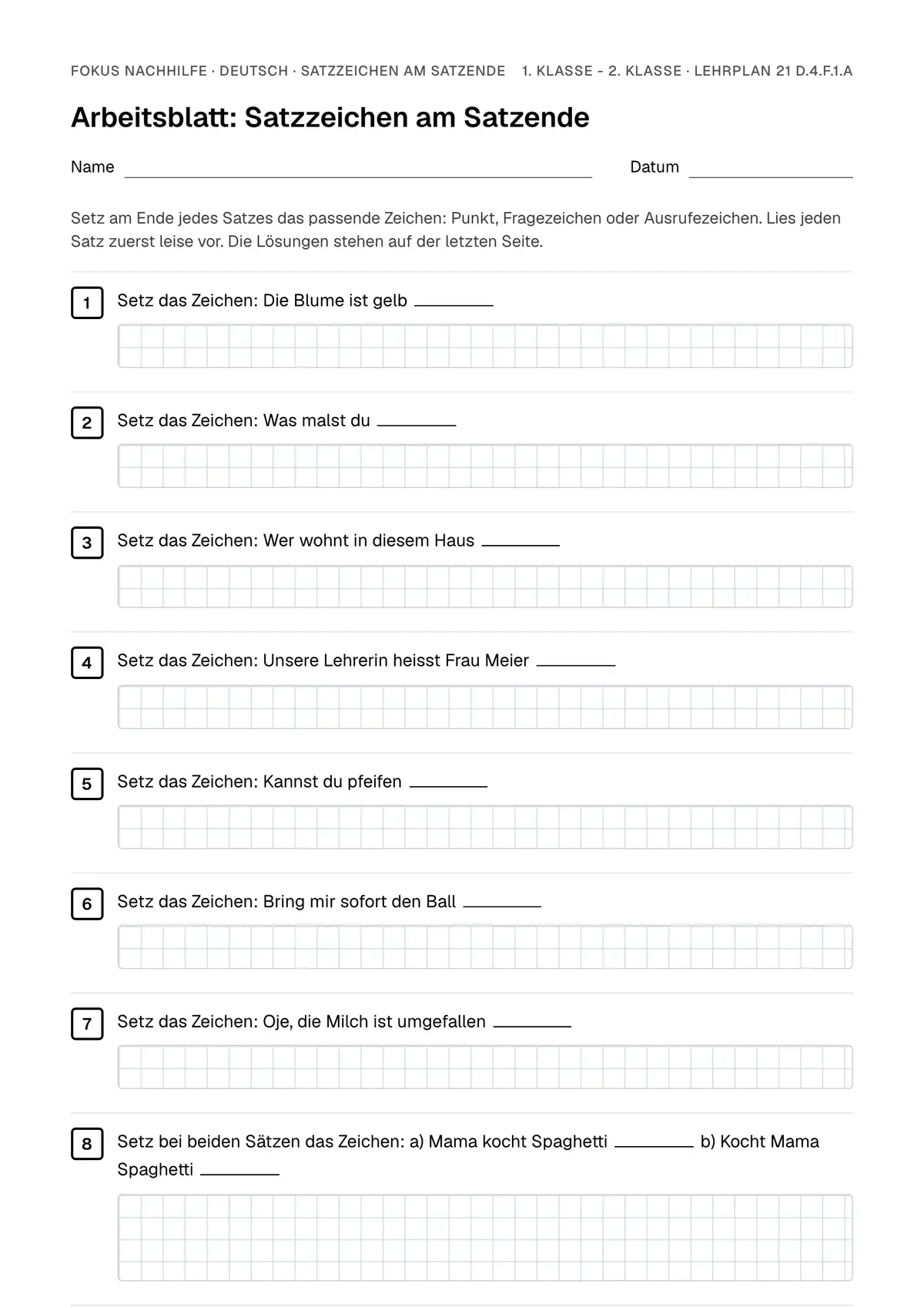 Arbeitsblatt Satzzeichen am Satzende zum Ausfüllen mit Name und Datum: erste Seite, mit Lösungsblatt