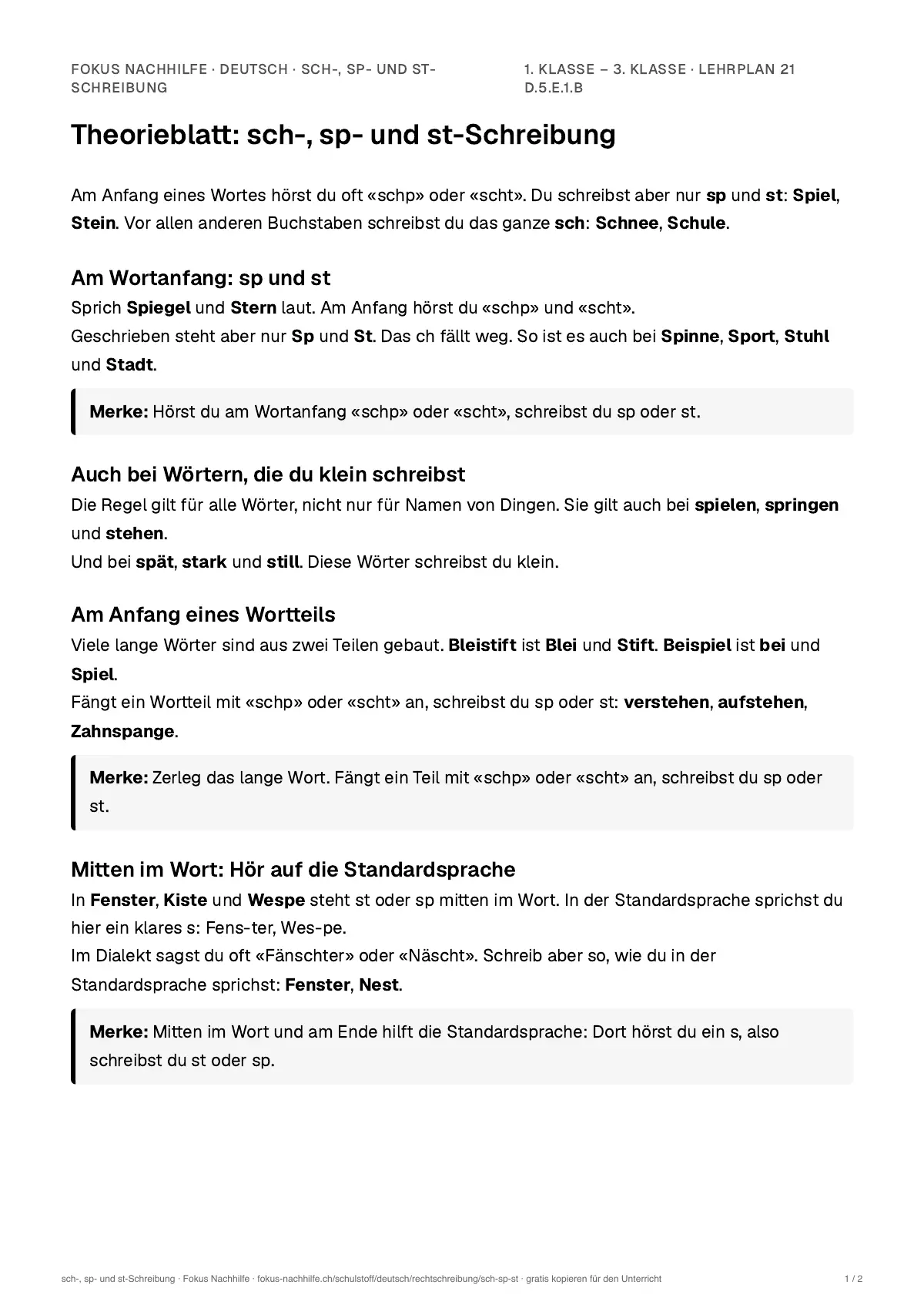 Theorieblatt sch-, sp- und st-Schreibung zum Ausdrucken: erste Seite der Erklärung