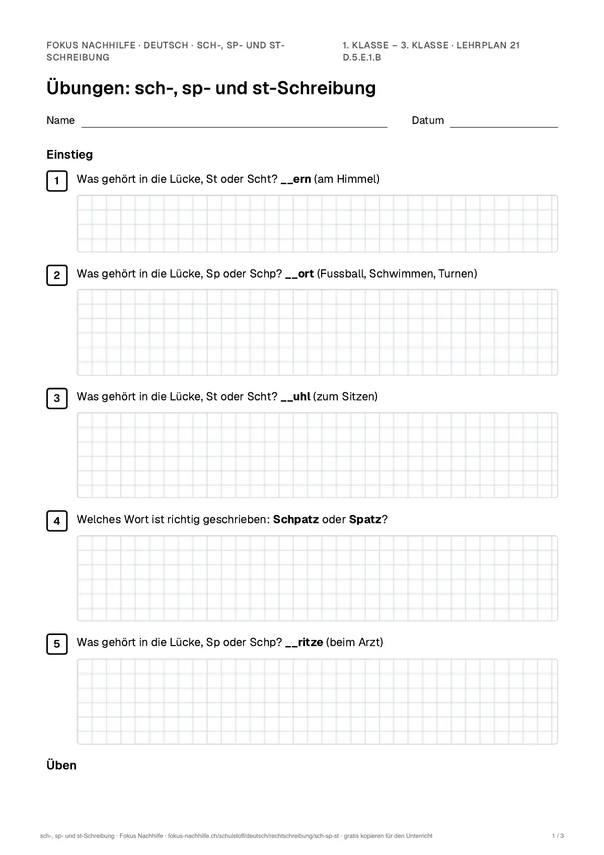 Übungsblatt sch-, sp- und st-Schreibung zum Ausdrucken: erste Seite der Übungen, Lösungen auf eigenem Blatt