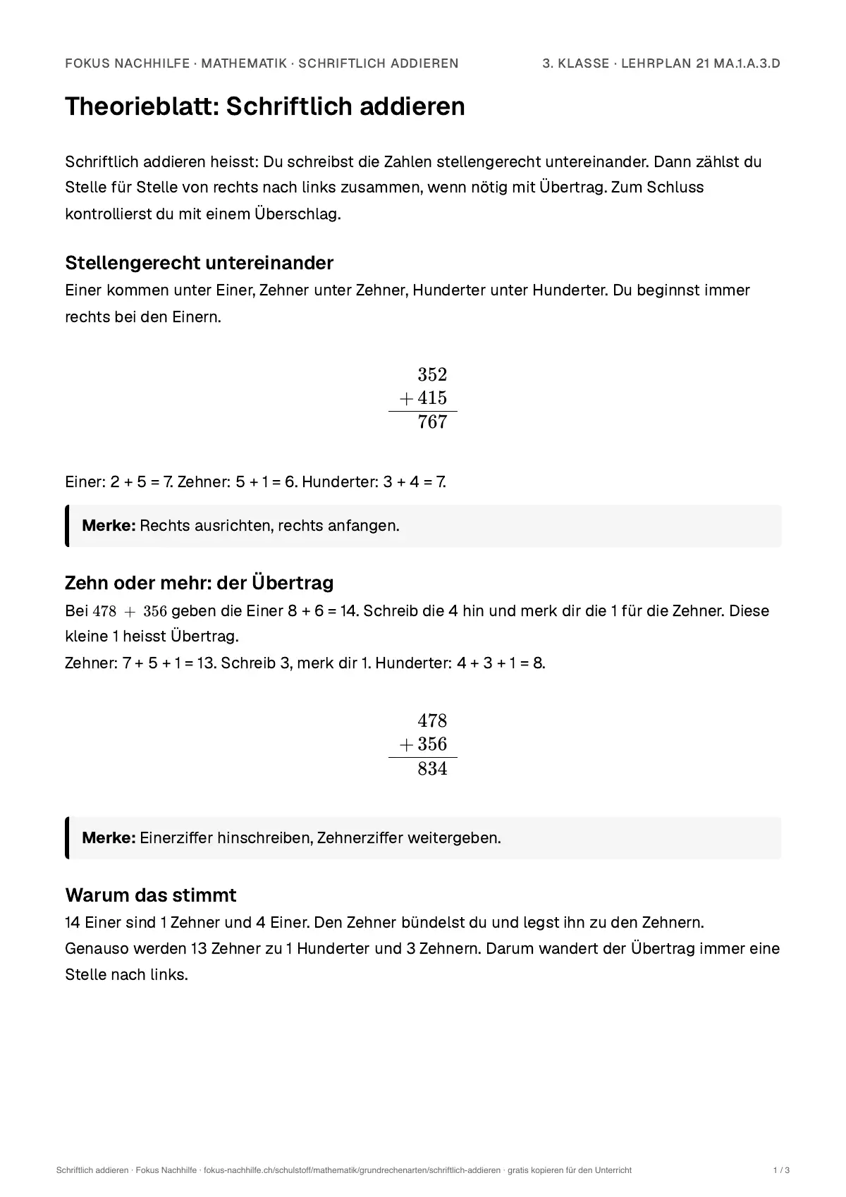 Theorieblatt Schriftlich addieren zum Ausdrucken: erste Seite der Erklärung