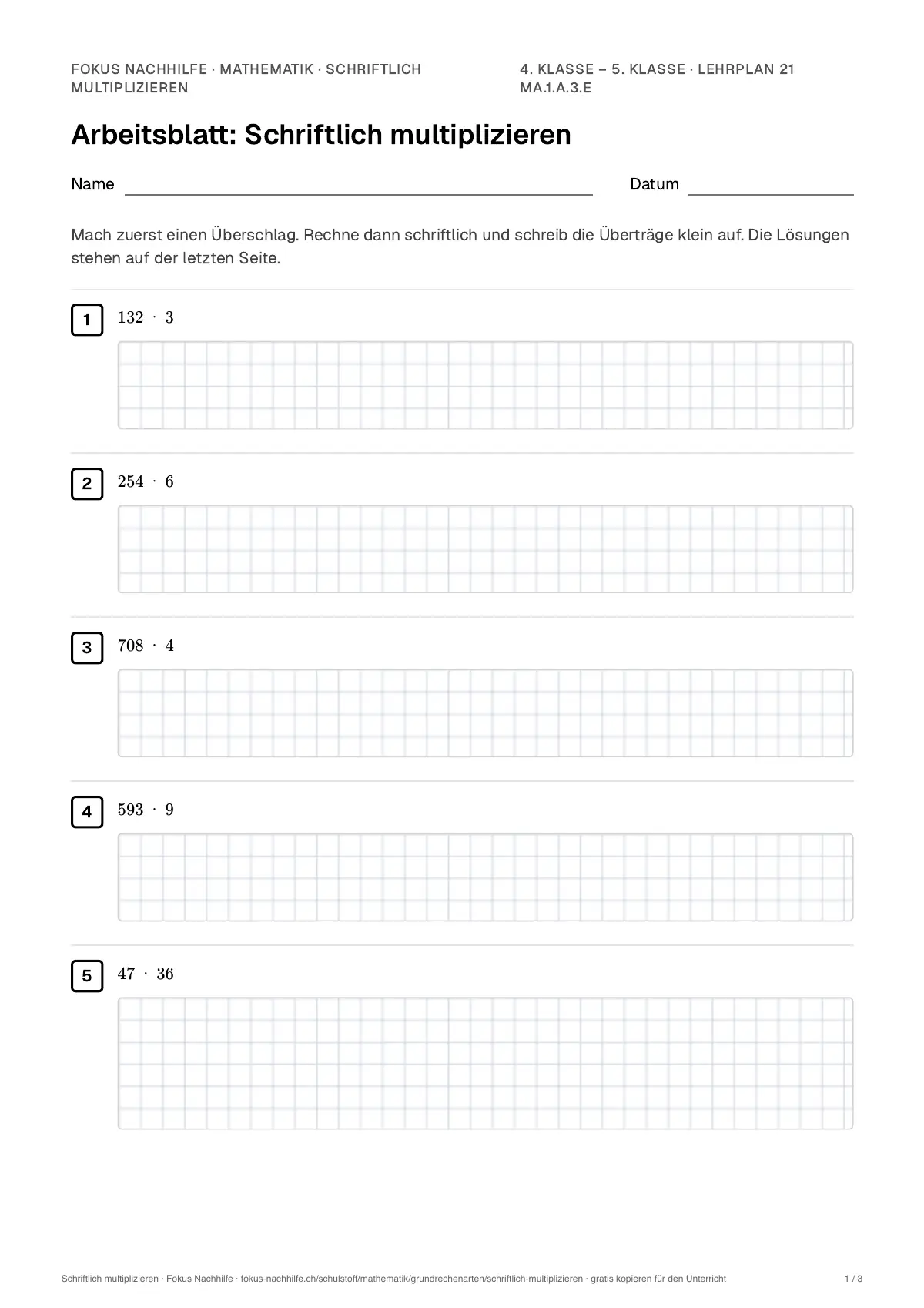 Arbeitsblatt Schriftlich multiplizieren zum Ausfüllen mit Name und Datum: erste Seite, mit Lösungsblatt