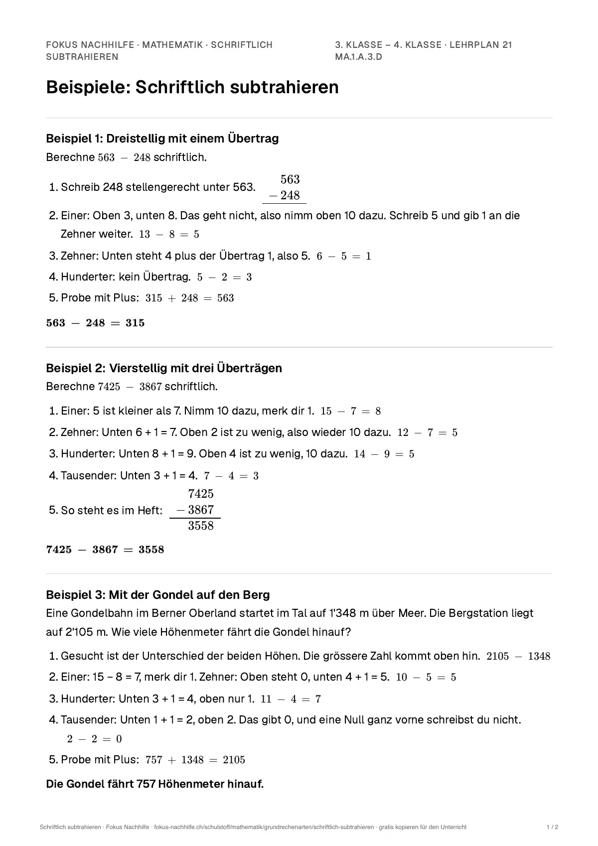 Beispiele Schriftlich subtrahieren zum Ausdrucken: erste Seite, Aufgaben Schritt für Schritt gelöst