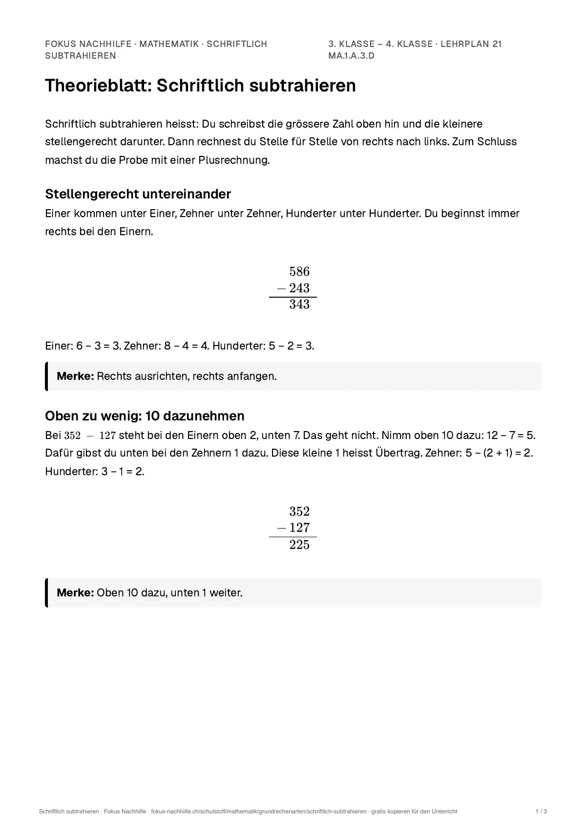 Theorieblatt Schriftlich subtrahieren zum Ausdrucken: erste Seite der Erklärung