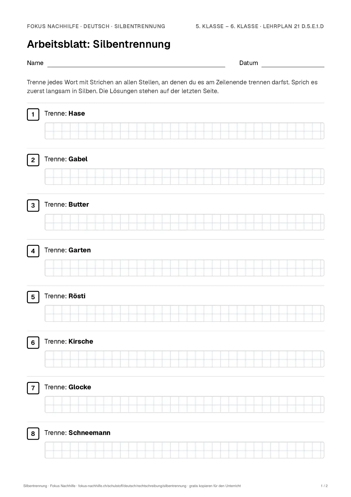 Arbeitsblatt Silbentrennung zum Ausfüllen mit Name und Datum: erste Seite, mit Lösungsblatt