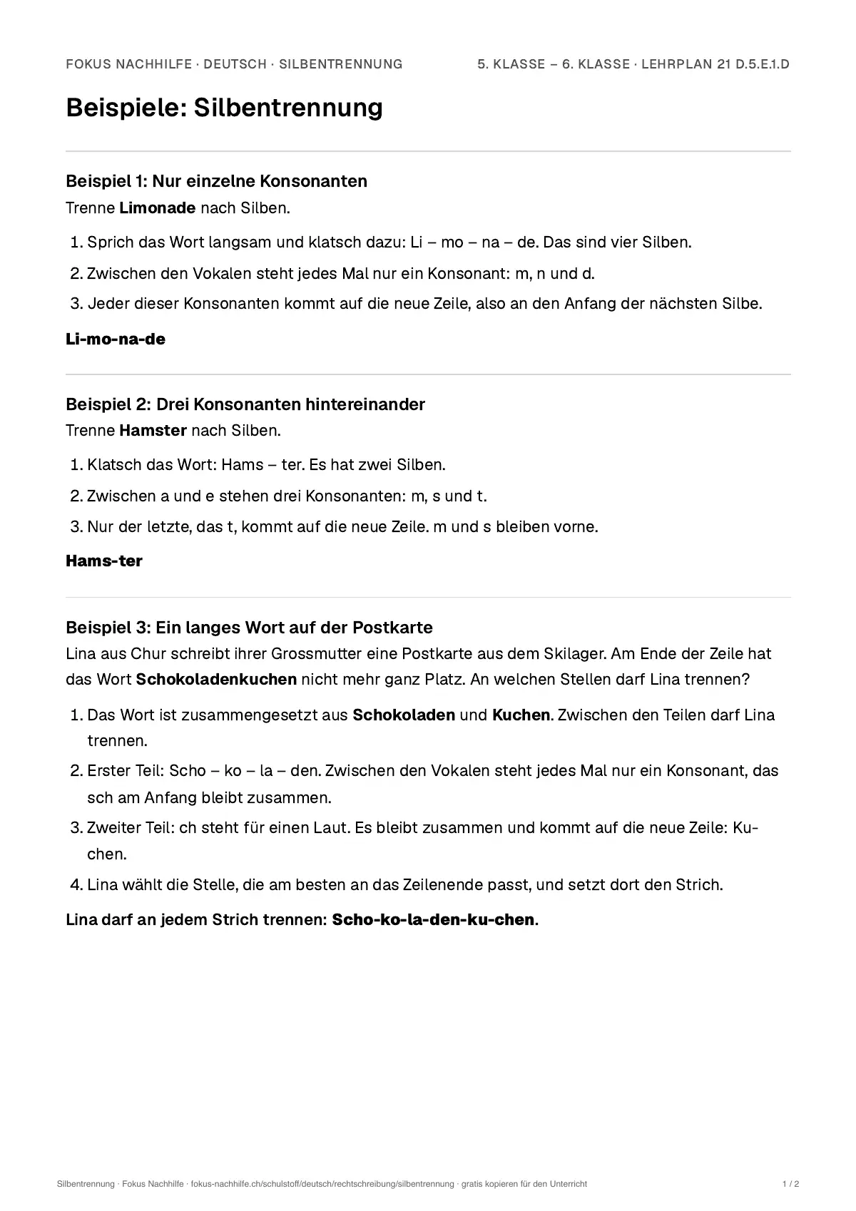 Beispiele Silbentrennung zum Ausdrucken: erste Seite, Aufgaben Schritt für Schritt gelöst