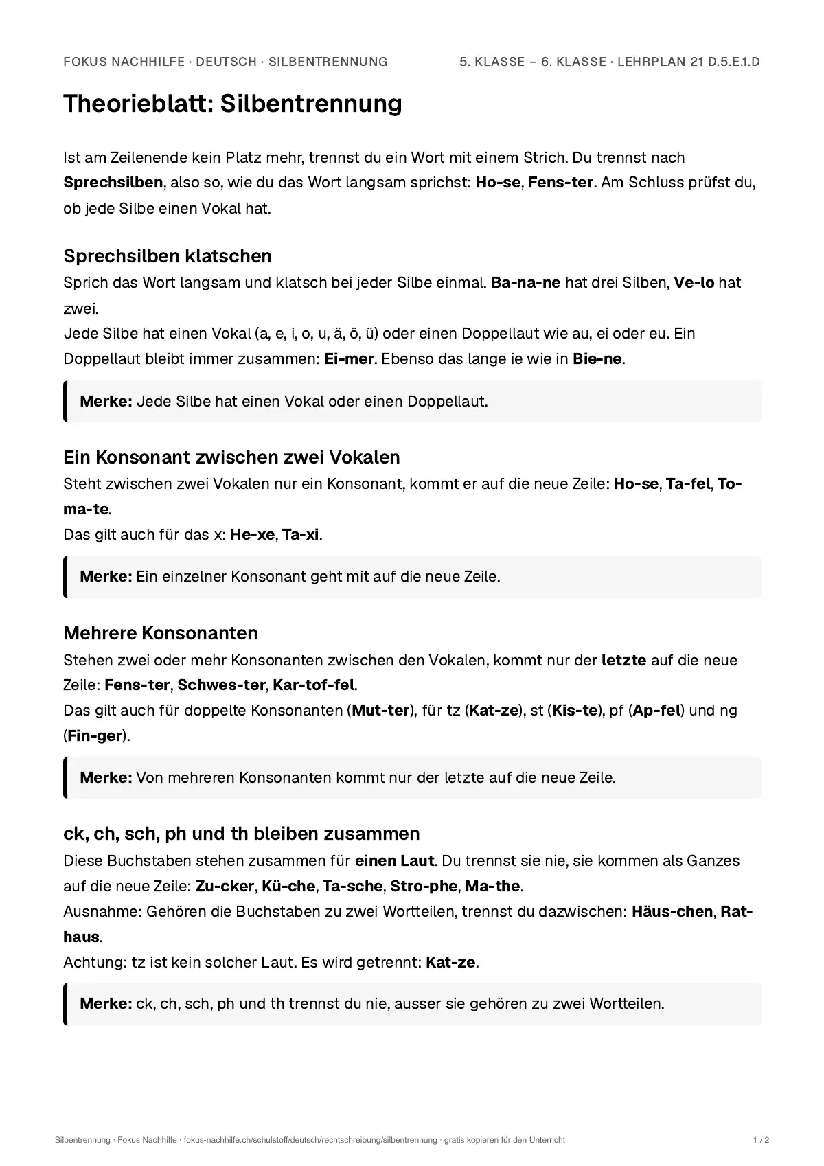 Theorieblatt Silbentrennung zum Ausdrucken: erste Seite der Erklärung