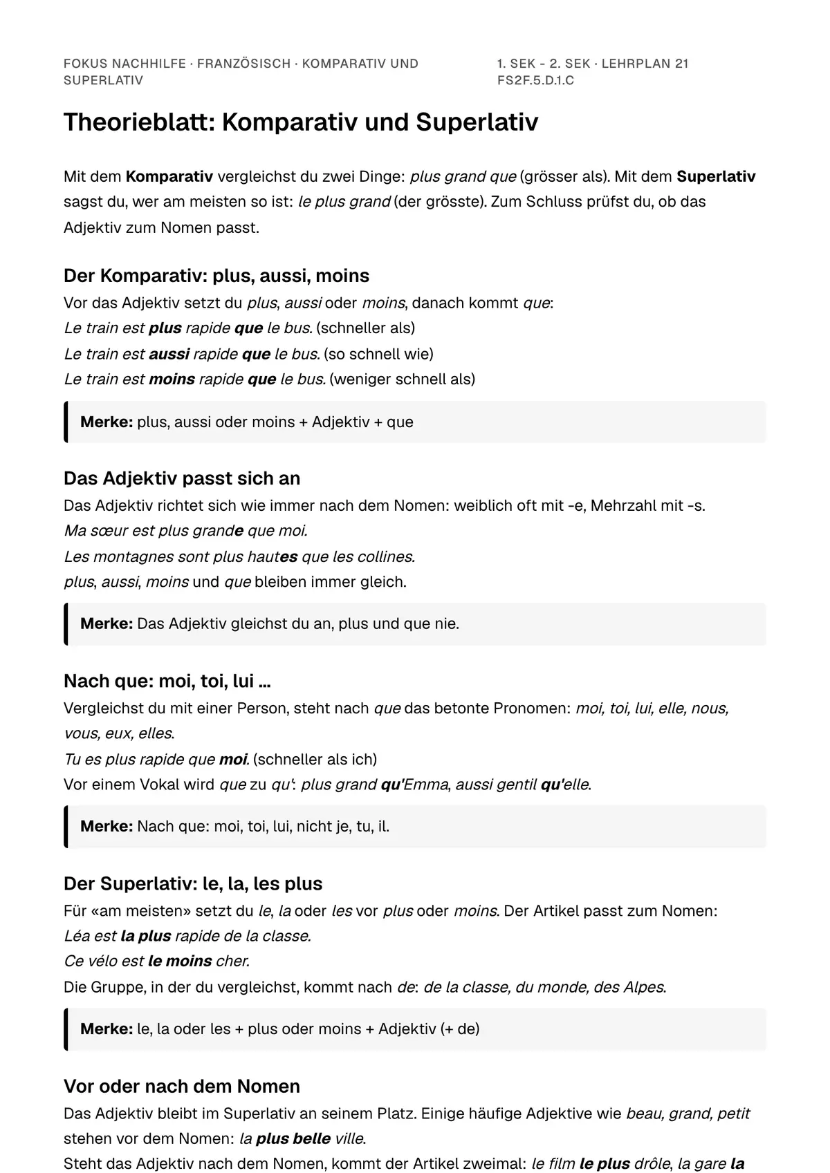 Theorieblatt Komparativ und Superlativ zum Ausdrucken: erste Seite der Erklärung