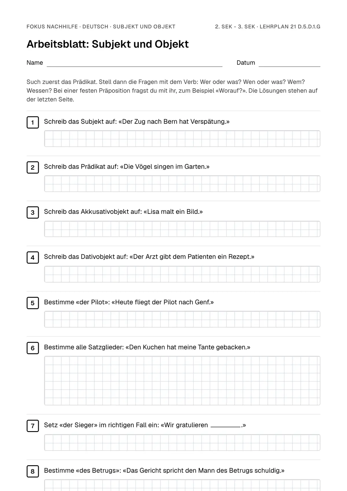 Arbeitsblatt Subjekt und Objekt zum Ausfüllen mit Name und Datum: erste Seite, mit Lösungsblatt