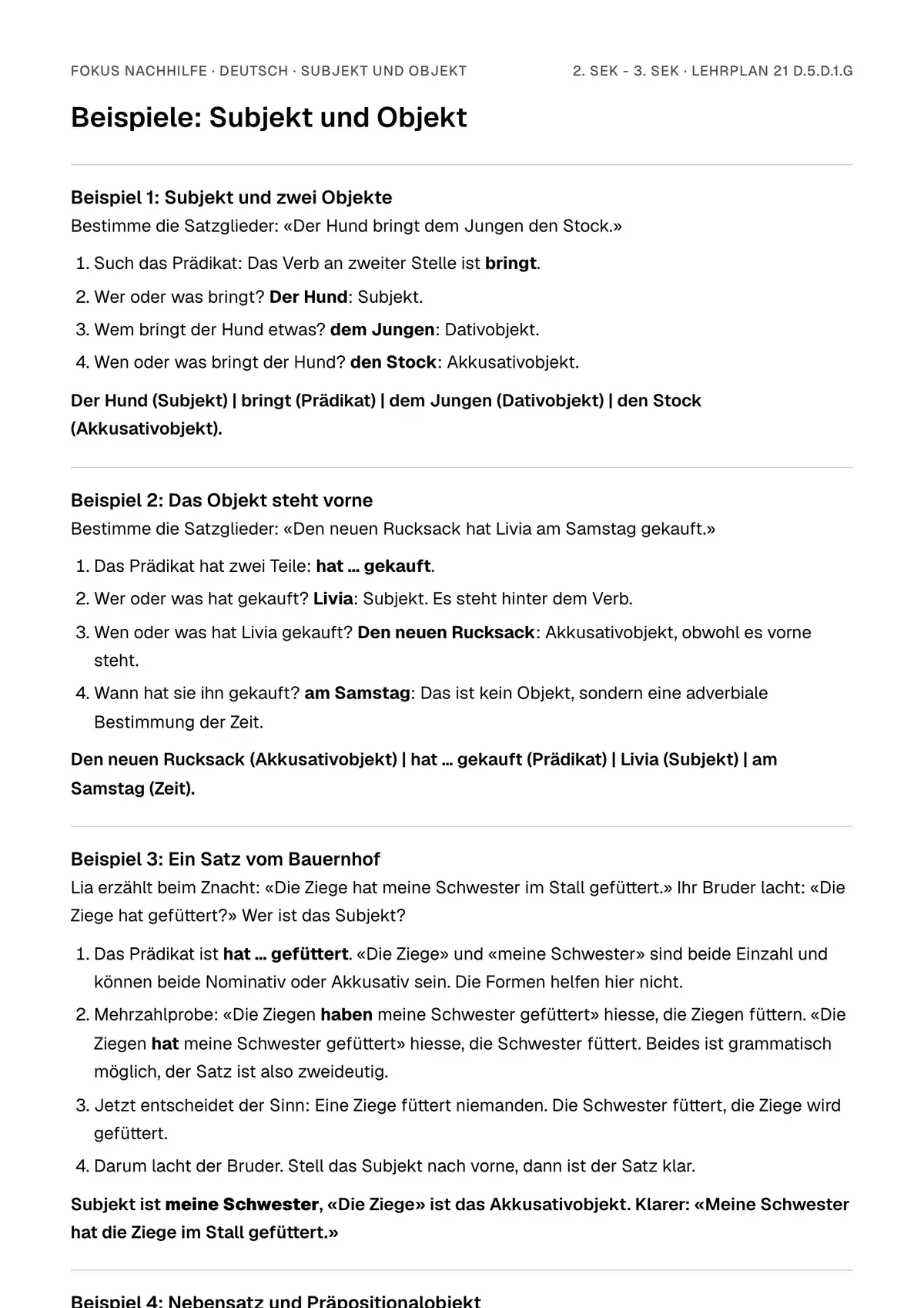 Beispiele Subjekt und Objekt zum Ausdrucken: erste Seite, Aufgaben Schritt für Schritt gelöst