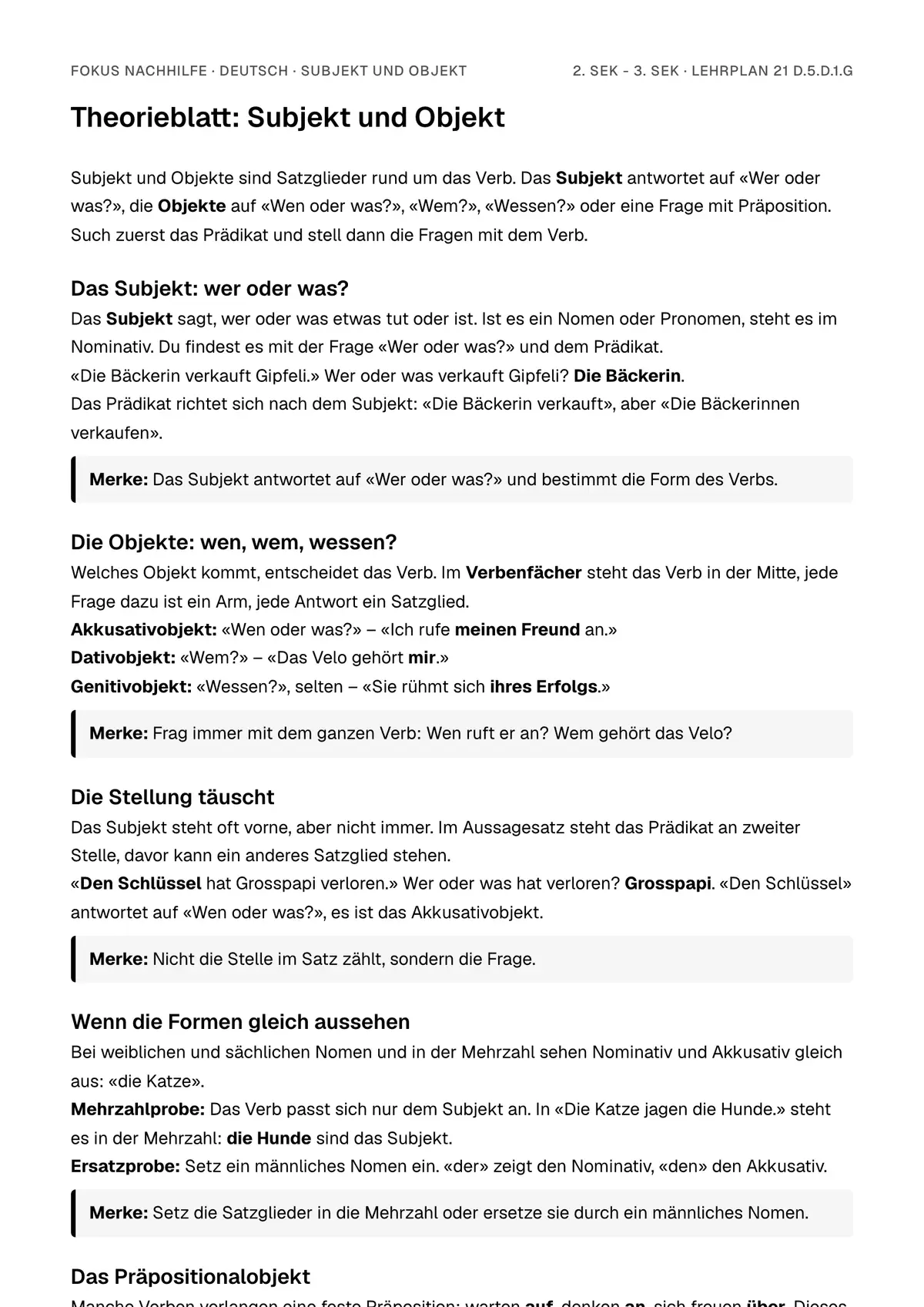 Theorieblatt Subjekt und Objekt zum Ausdrucken: erste Seite der Erklärung
