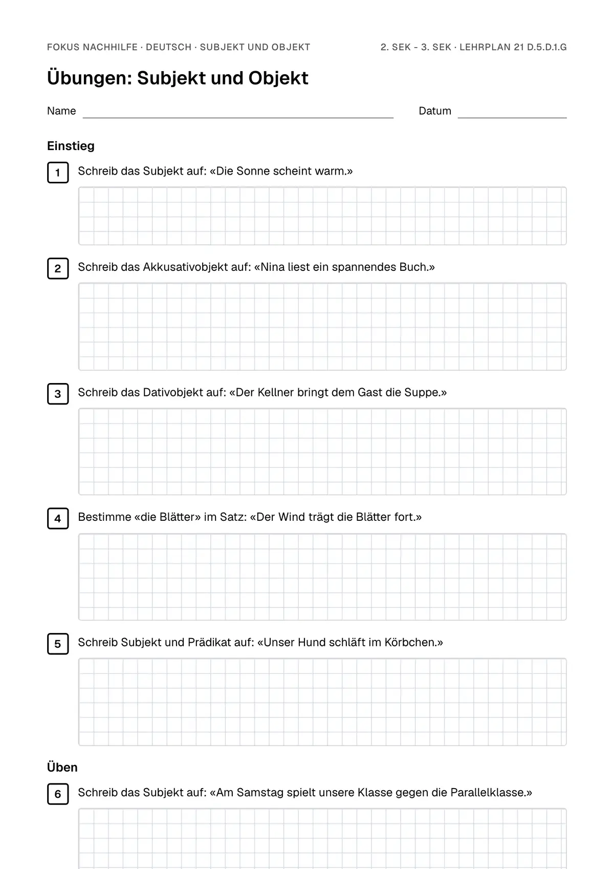 Übungsblatt Subjekt und Objekt zum Ausdrucken: erste Seite der Übungen, Lösungen auf eigenem Blatt