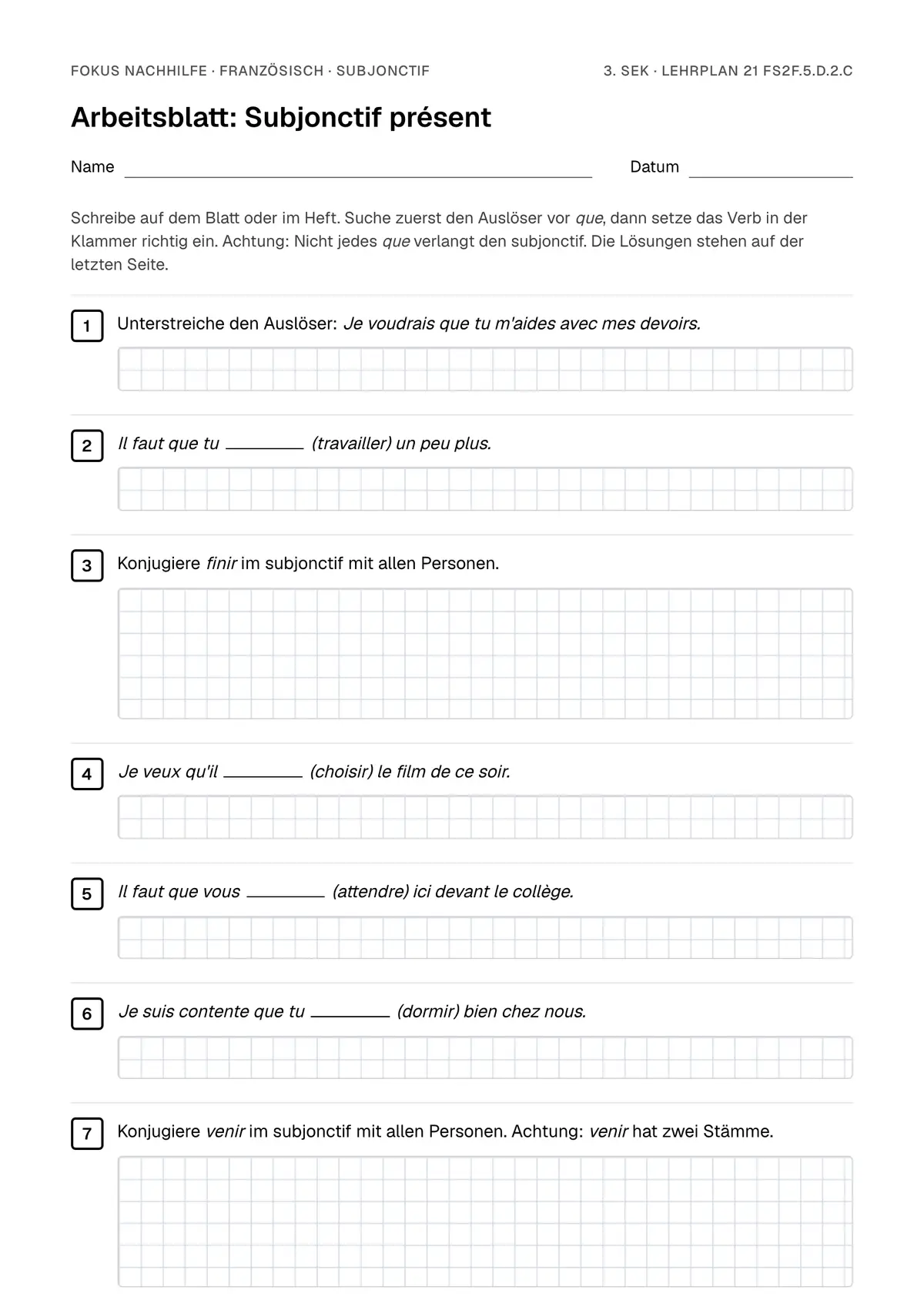 Arbeitsblatt Subjonctif zum Ausfüllen mit Name und Datum: erste Seite, mit Lösungsblatt