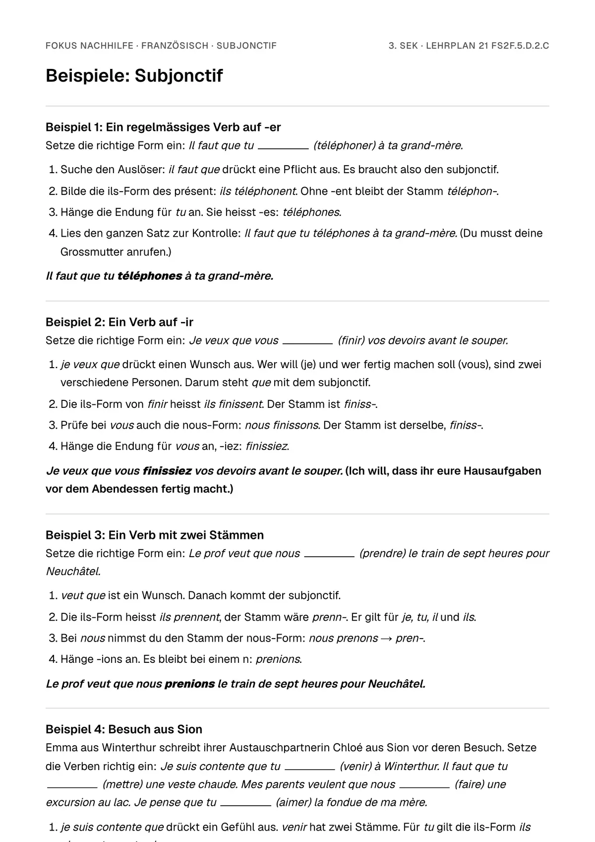 Beispiele Subjonctif zum Ausdrucken: erste Seite, Aufgaben Schritt für Schritt gelöst