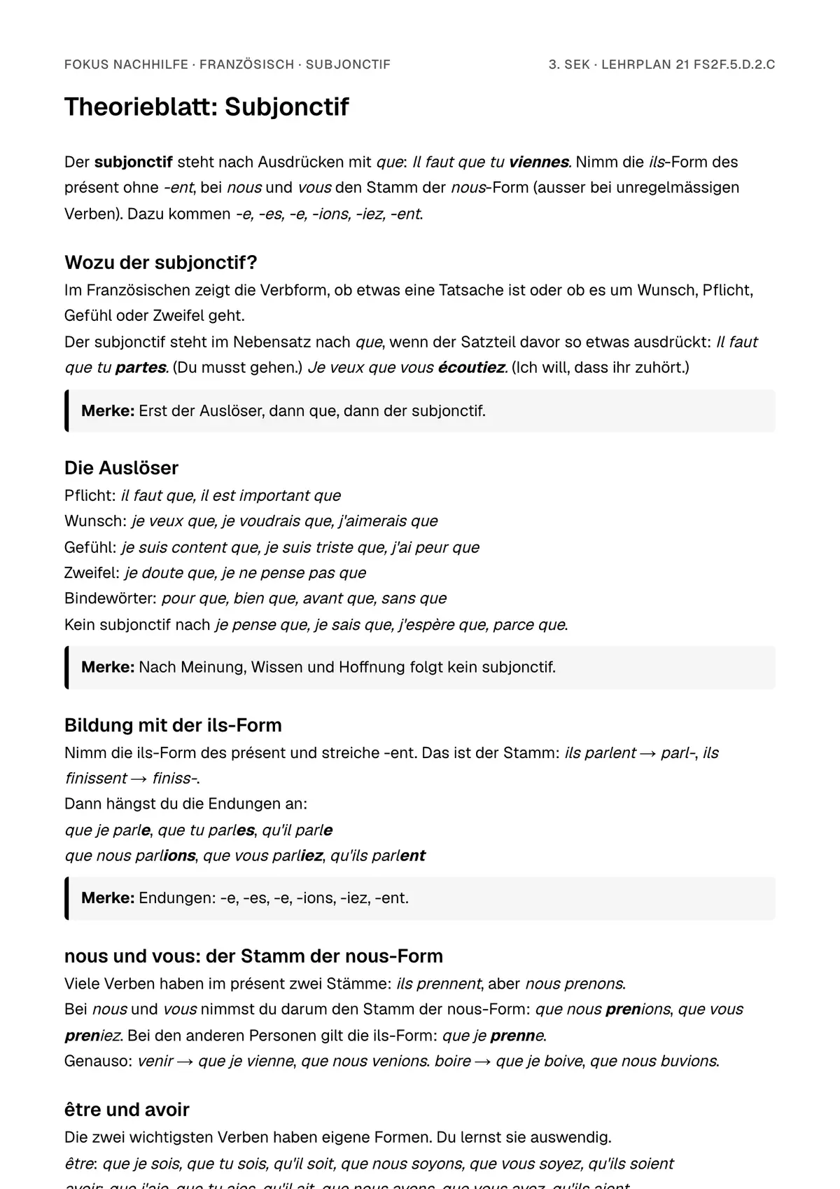 Theorieblatt Subjonctif zum Ausdrucken: erste Seite der Erklärung