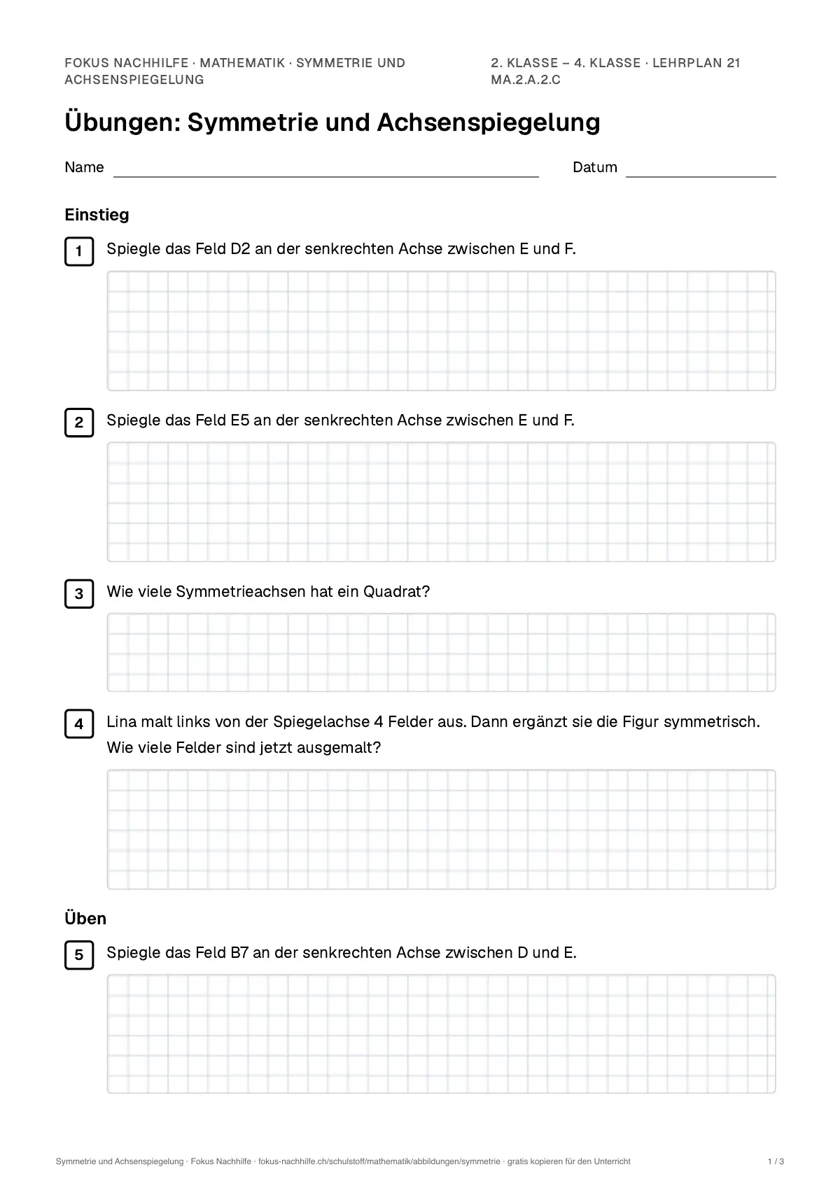 Übungsblatt Symmetrie und Achsenspiegelung zum Ausdrucken: erste Seite der Übungen, Lösungen auf eigenem Blatt
