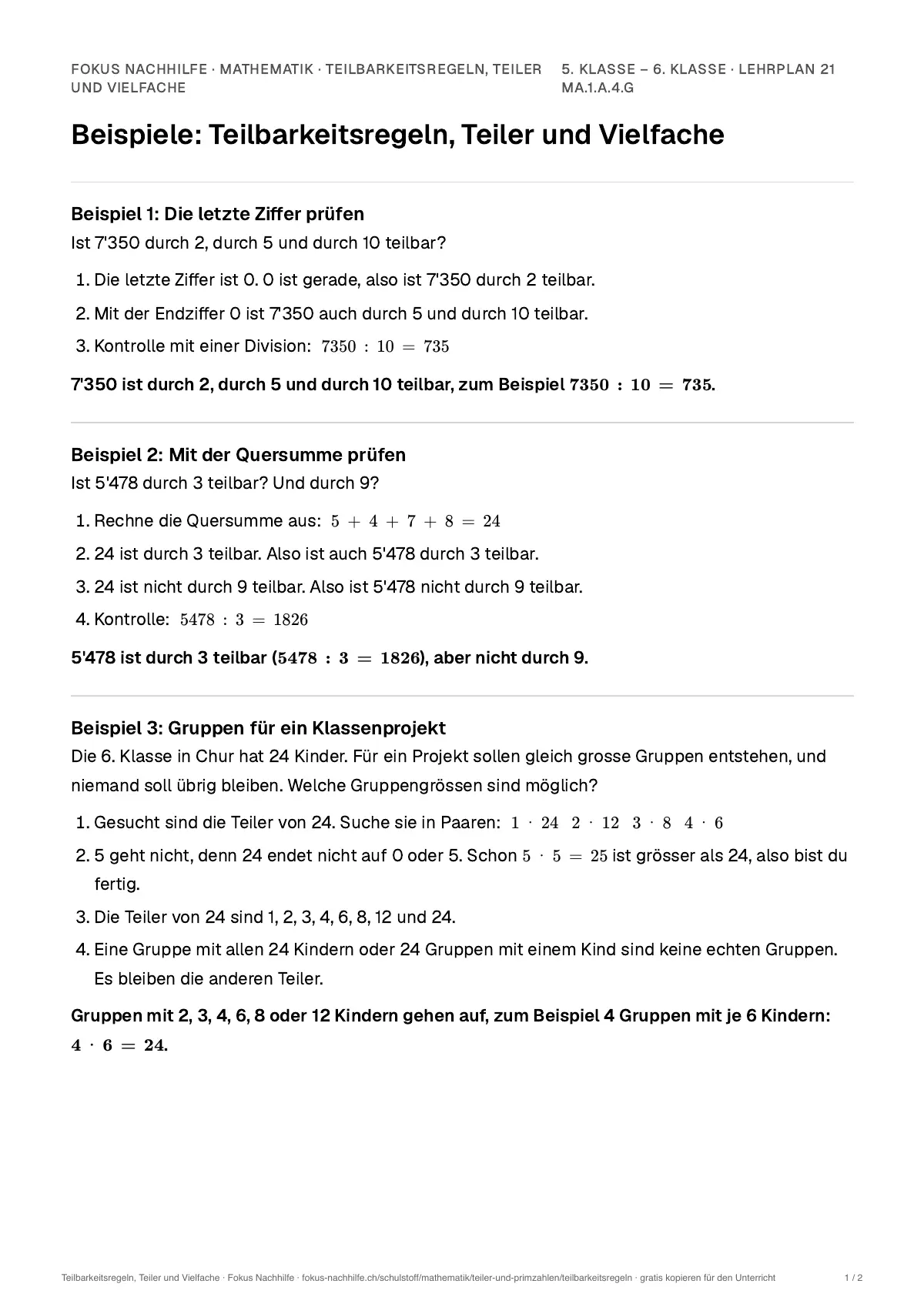 Beispiele Teilbarkeitsregeln, Teiler und Vielfache zum Ausdrucken: erste Seite, Aufgaben Schritt für Schritt gelöst