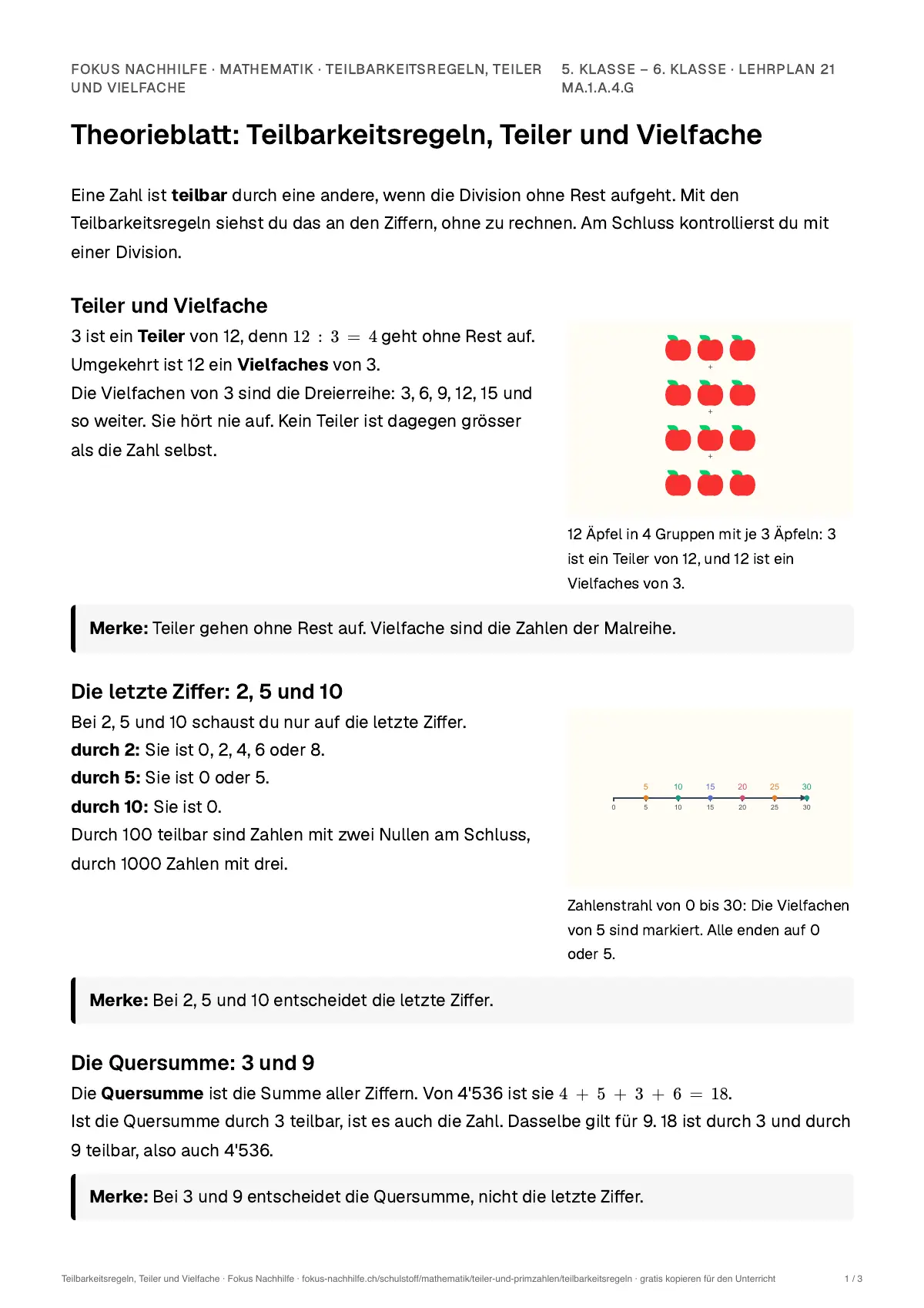Theorieblatt Teilbarkeitsregeln, Teiler und Vielfache zum Ausdrucken: erste Seite der Erklärung
