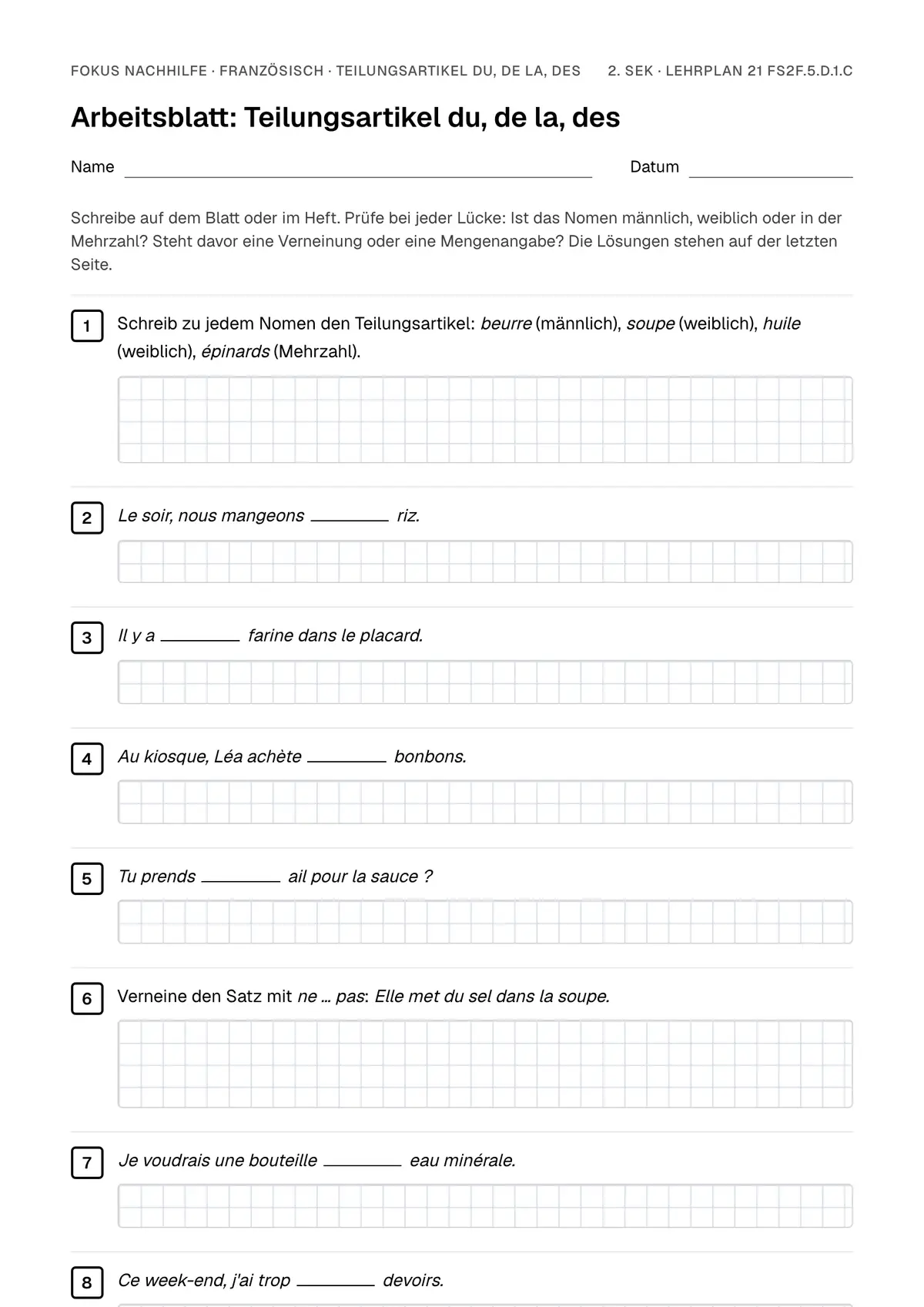 Arbeitsblatt Teilungsartikel du, de la, des zum Ausfüllen mit Name und Datum: erste Seite, mit Lösungsblatt