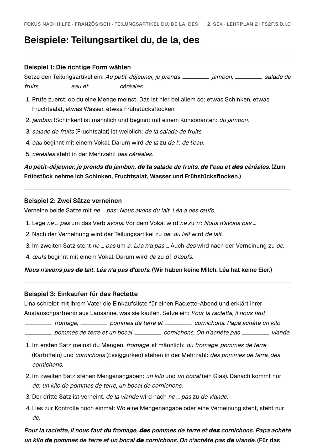 Beispiele Teilungsartikel du, de la, des zum Ausdrucken: erste Seite, Aufgaben Schritt für Schritt gelöst