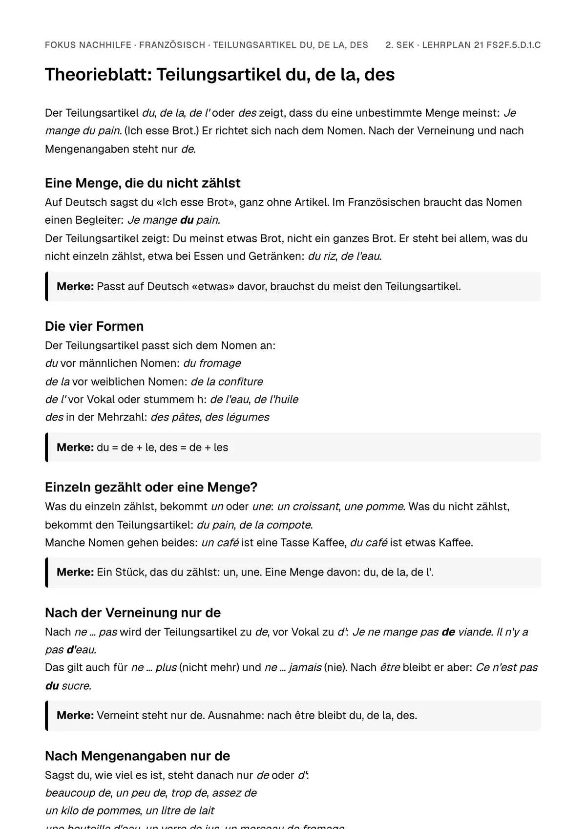 Theorieblatt Teilungsartikel du, de la, des zum Ausdrucken: erste Seite der Erklärung