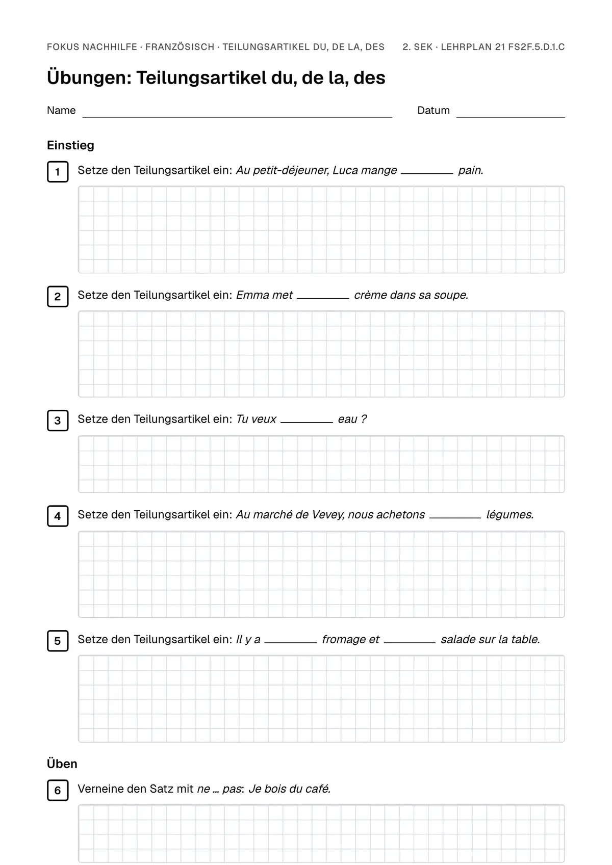 Übungsblatt Teilungsartikel du, de la, des zum Ausdrucken: erste Seite der Übungen, Lösungen auf eigenem Blatt