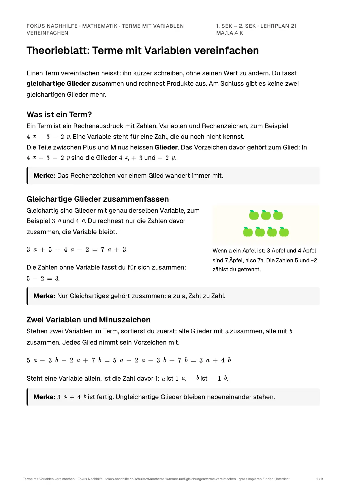 Theorieblatt Terme mit Variablen vereinfachen zum Ausdrucken: erste Seite der Erklärung