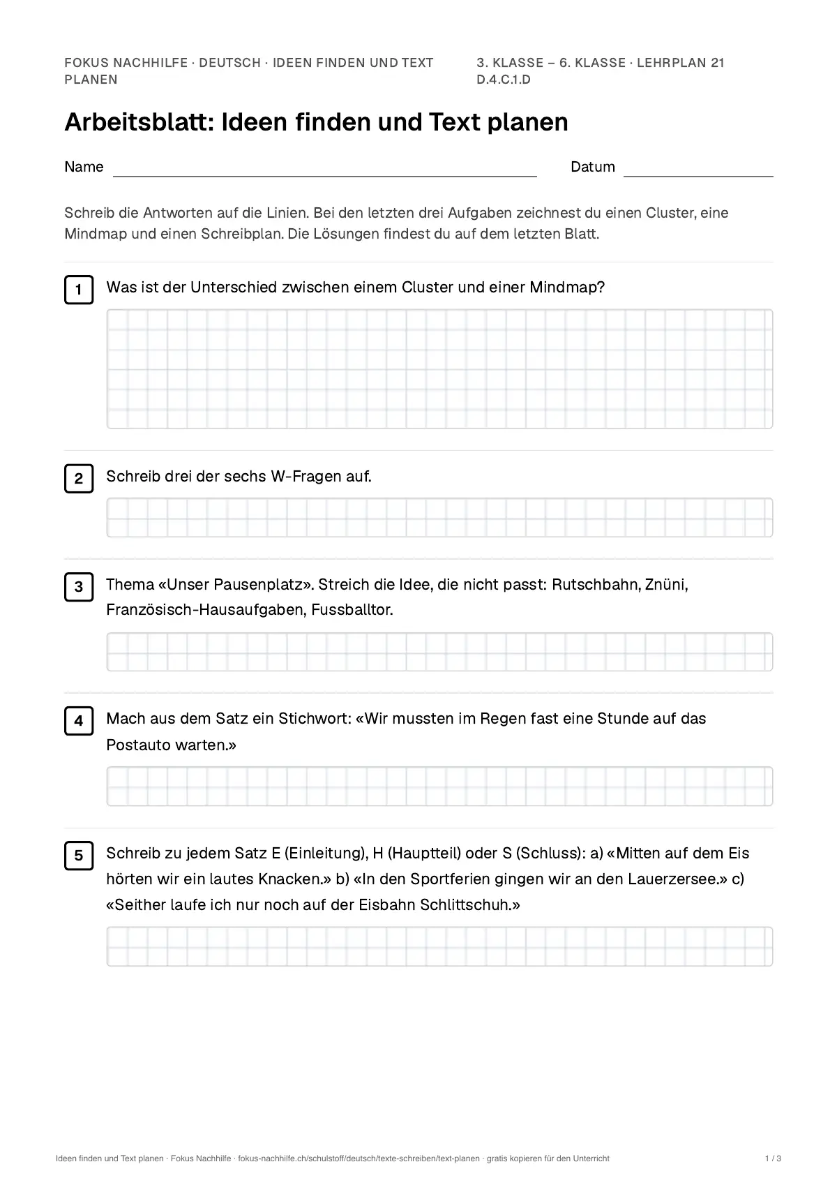 Arbeitsblatt Ideen finden und Text planen zum Ausfüllen mit Name und Datum: erste Seite, mit Lösungsblatt
