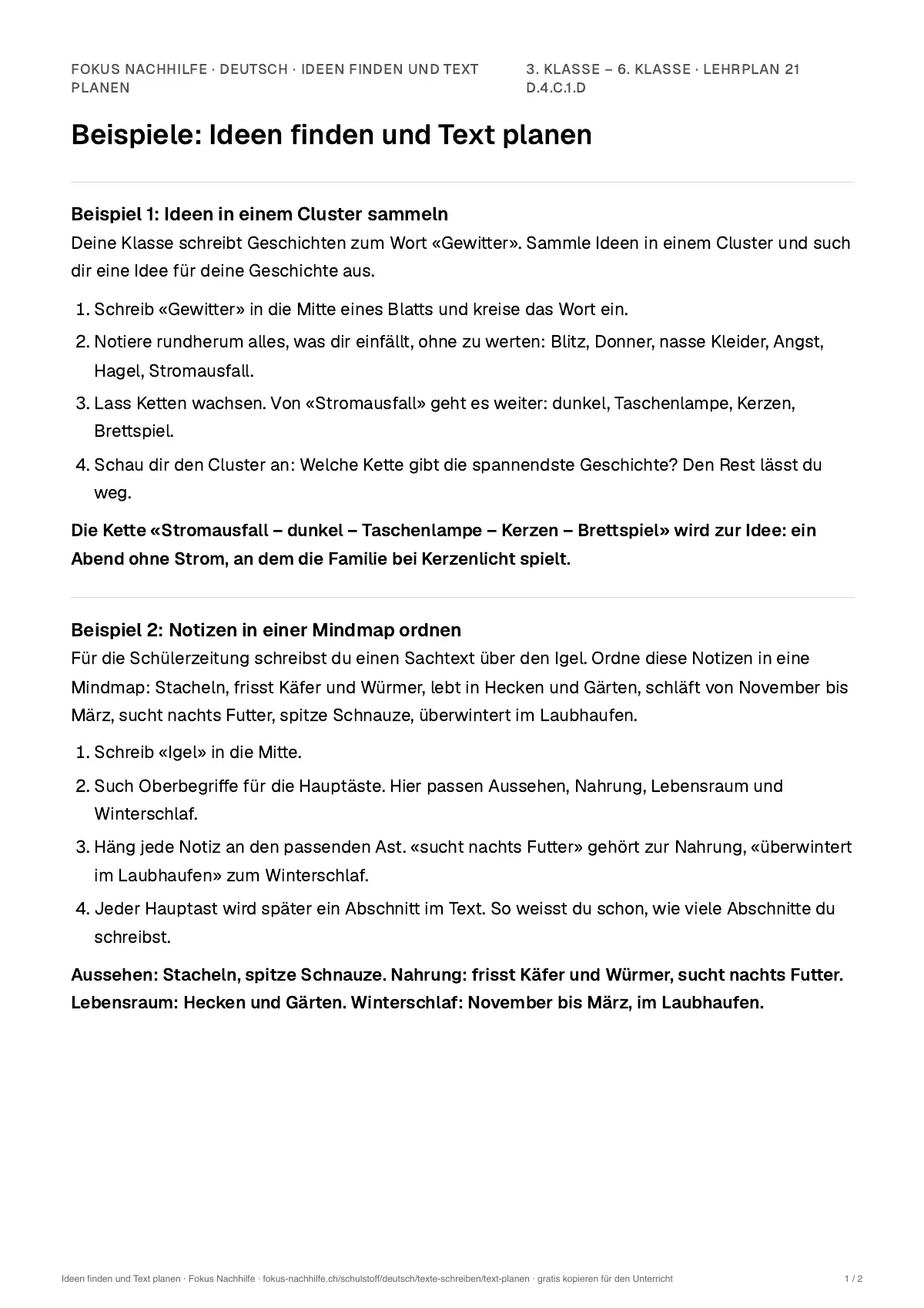 Beispiele Ideen finden und Text planen zum Ausdrucken: erste Seite, Aufgaben Schritt für Schritt gelöst