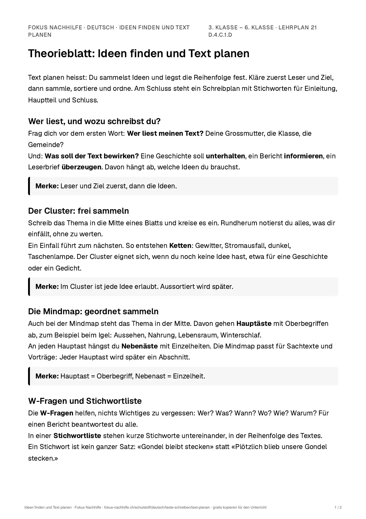 Theorieblatt Ideen finden und Text planen zum Ausdrucken: erste Seite der Erklärung