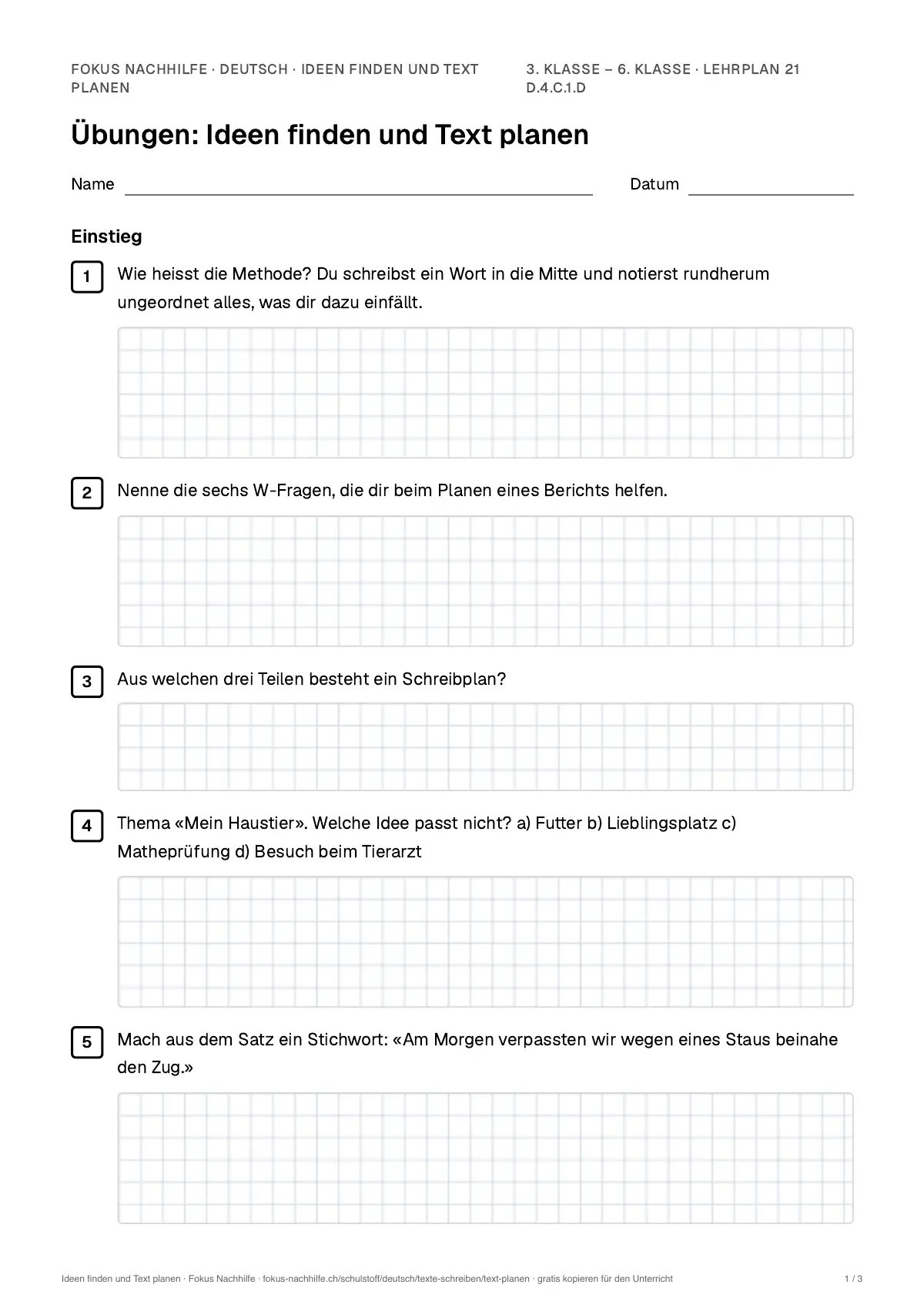 Übungsblatt Ideen finden und Text planen zum Ausdrucken: erste Seite der Übungen, Lösungen auf eigenem Blatt