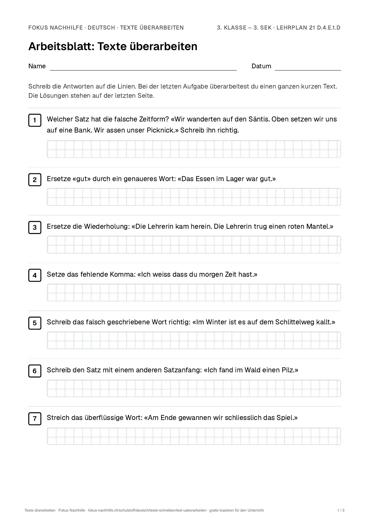 Arbeitsblatt Texte überarbeiten zum Ausfüllen mit Name und Datum: erste Seite, mit Lösungsblatt