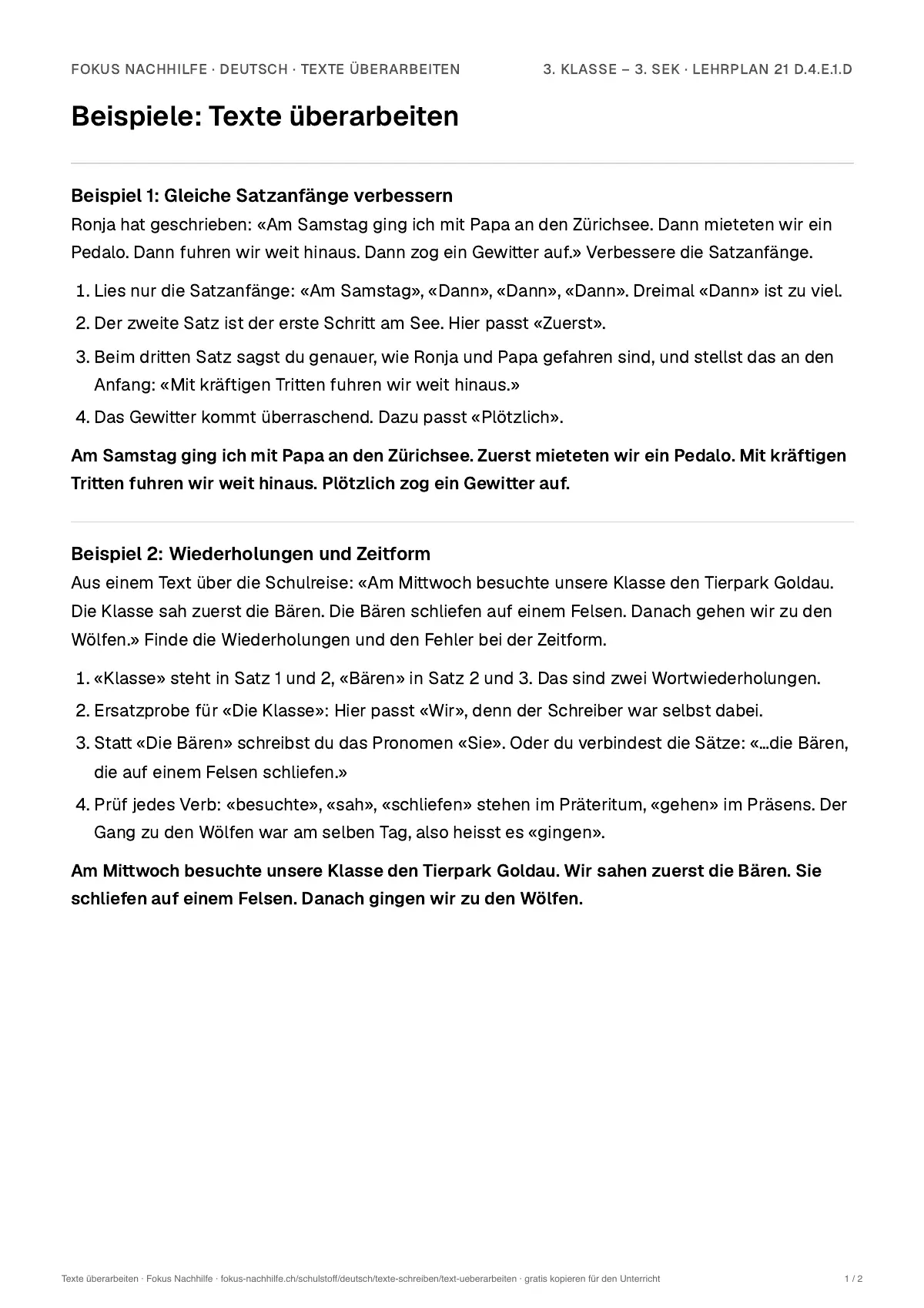 Beispiele Texte überarbeiten zum Ausdrucken: erste Seite, Aufgaben Schritt für Schritt gelöst