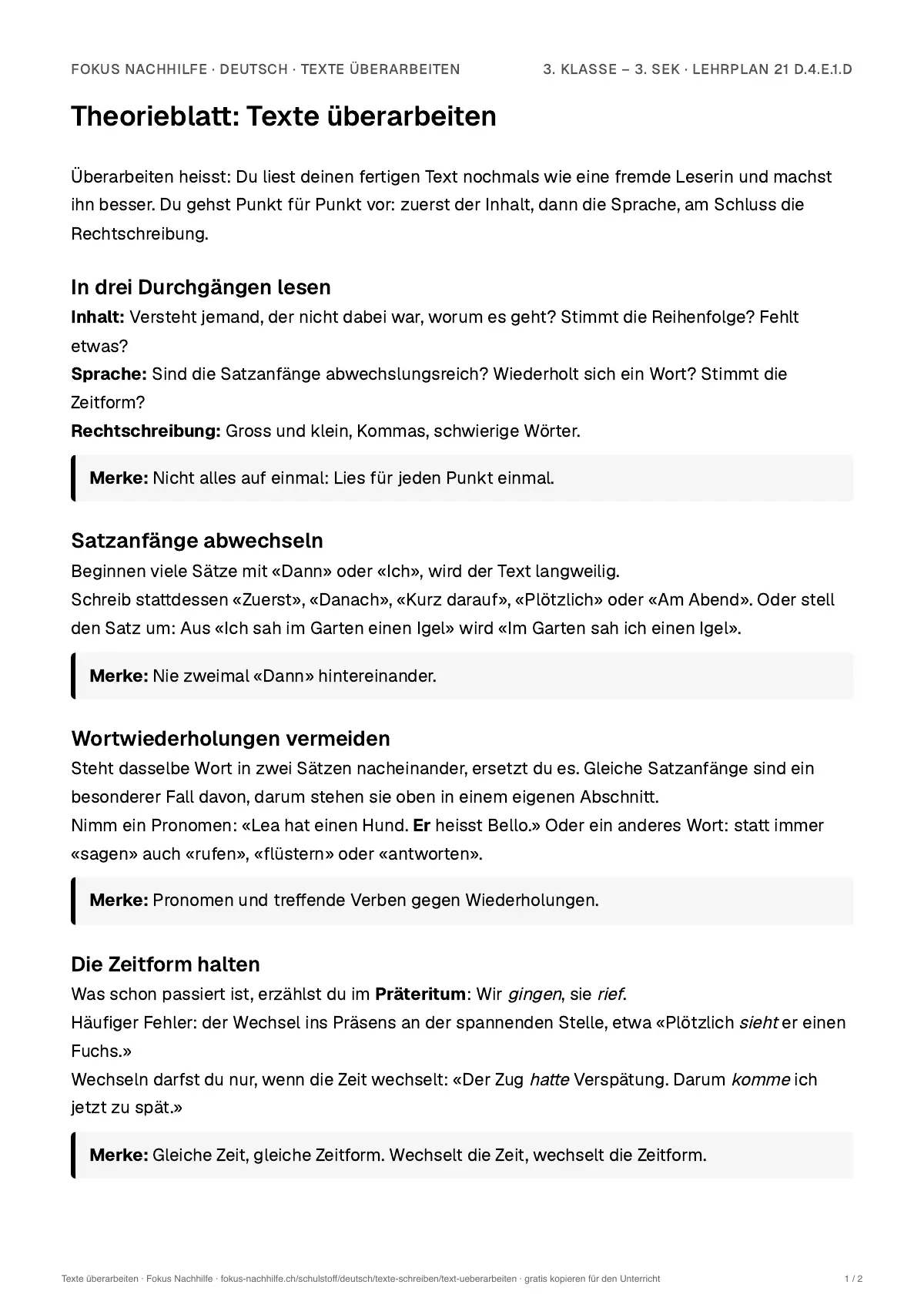 Theorieblatt Texte überarbeiten zum Ausdrucken: erste Seite der Erklärung