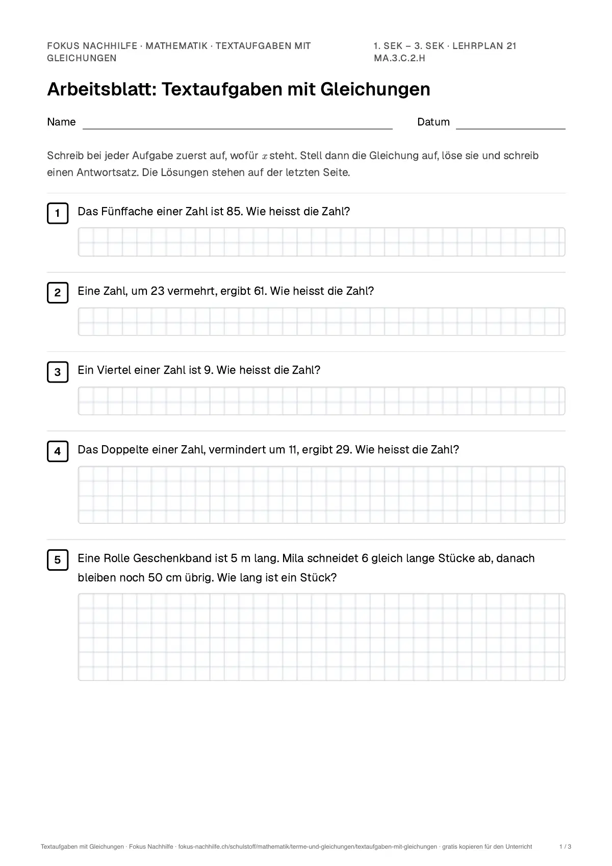 Arbeitsblatt Textaufgaben mit Gleichungen zum Ausfüllen mit Name und Datum: erste Seite, mit Lösungsblatt